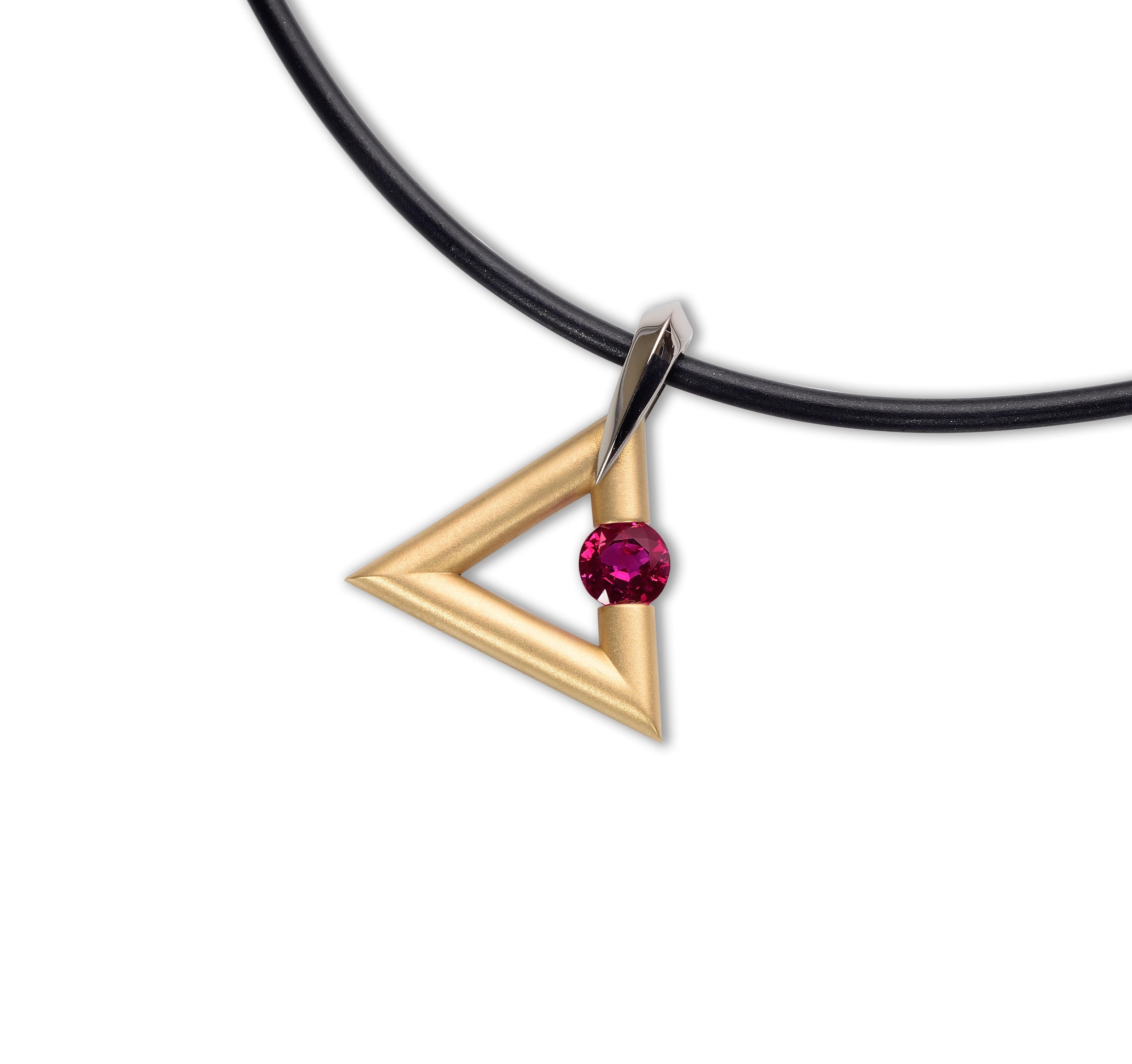 Round Cut Steven Kretchmer 18K Yellow Gold Logo Pendant with a Tension-Set 0.63ct. Ruby  For Sale