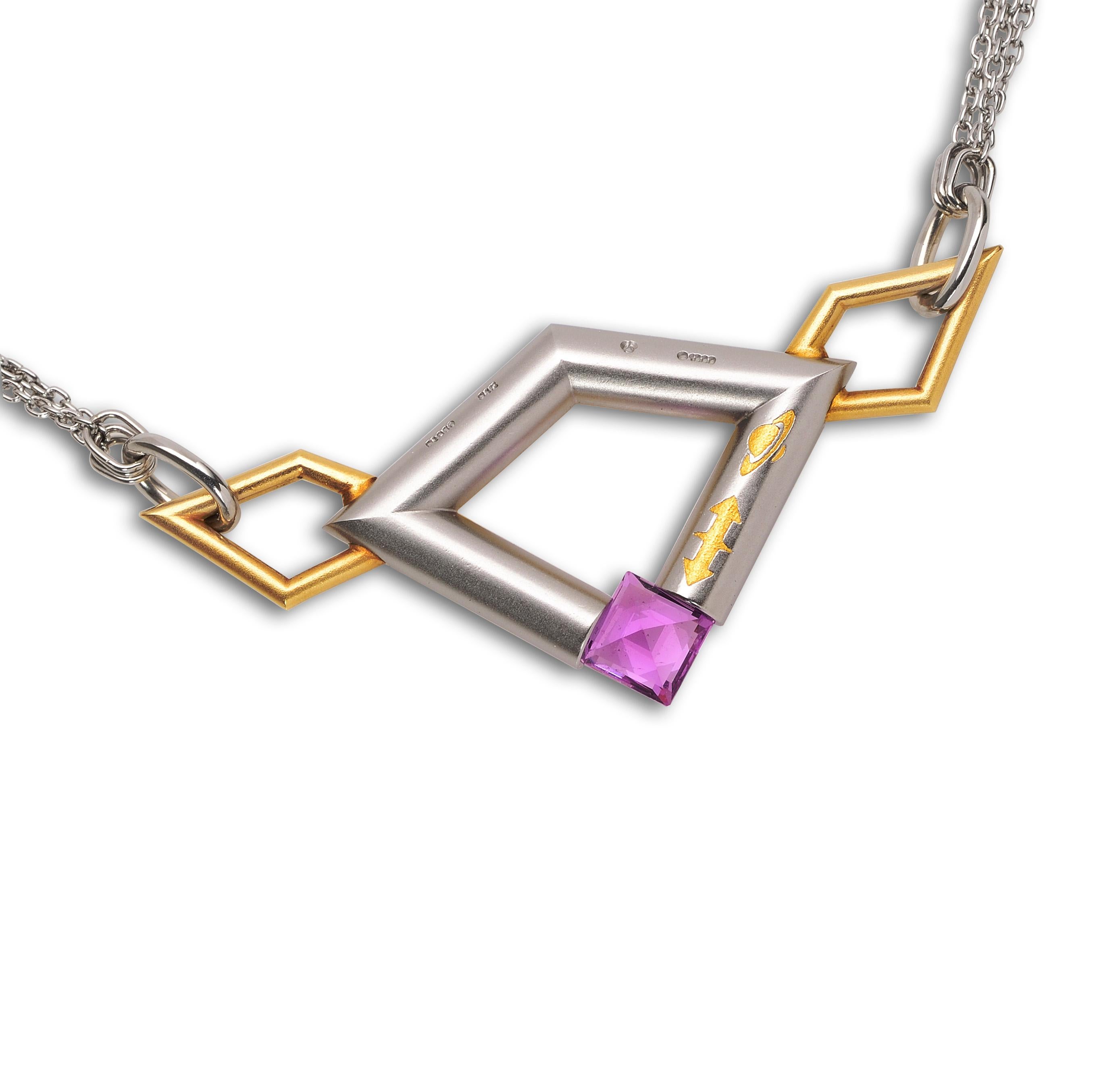 The Steven Kretchmer Astra Necklace with a tension-set pink sapphire is a vintage, never been worn piece, from the Kretchmer vault and is handcrafted in platinum with 24k crystallized yellow gold inlay. The 0.88 ct. modified square cut sapphire is