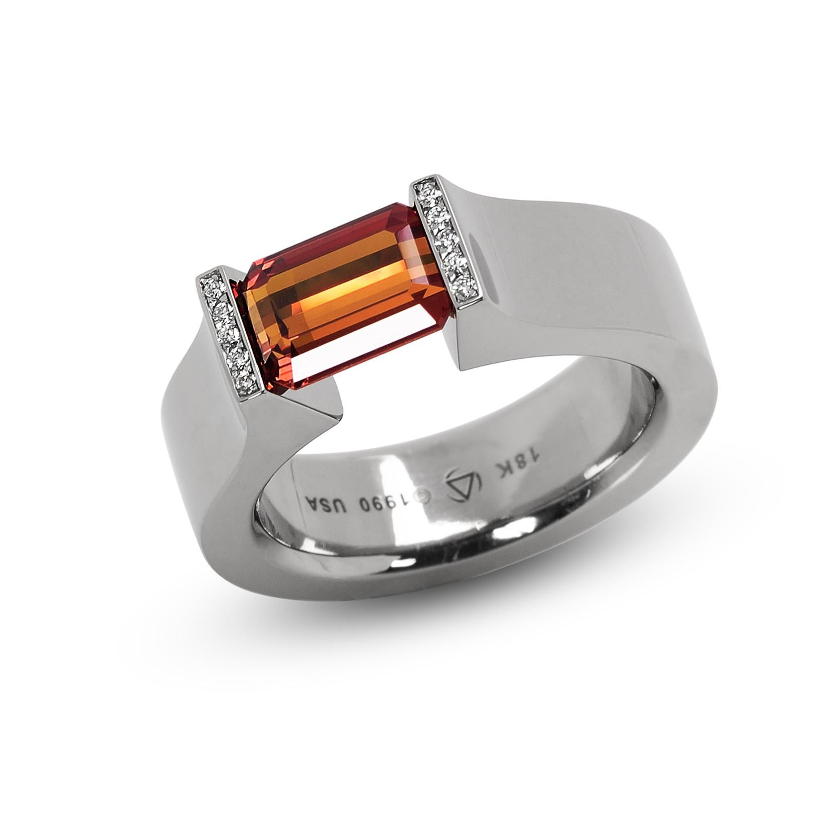 Modern Steven Kretchmer Hard Omega ring 18KW with a Tension-Set  2.27ct Orange Sapphire For Sale