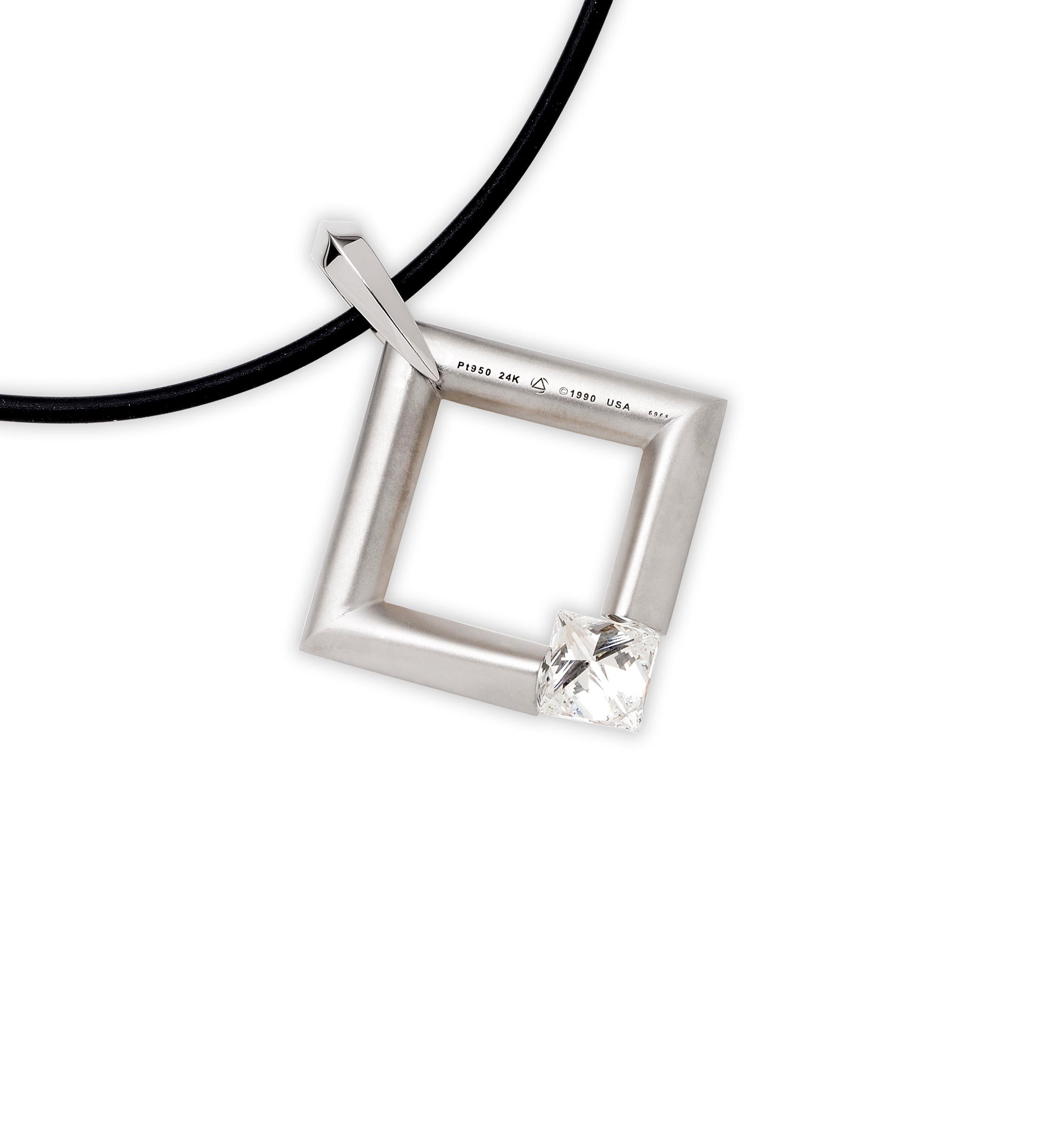 Modern Steven Kretchmer Large 24K and Platinum Square Pendant with Tension-Set Diamond For Sale