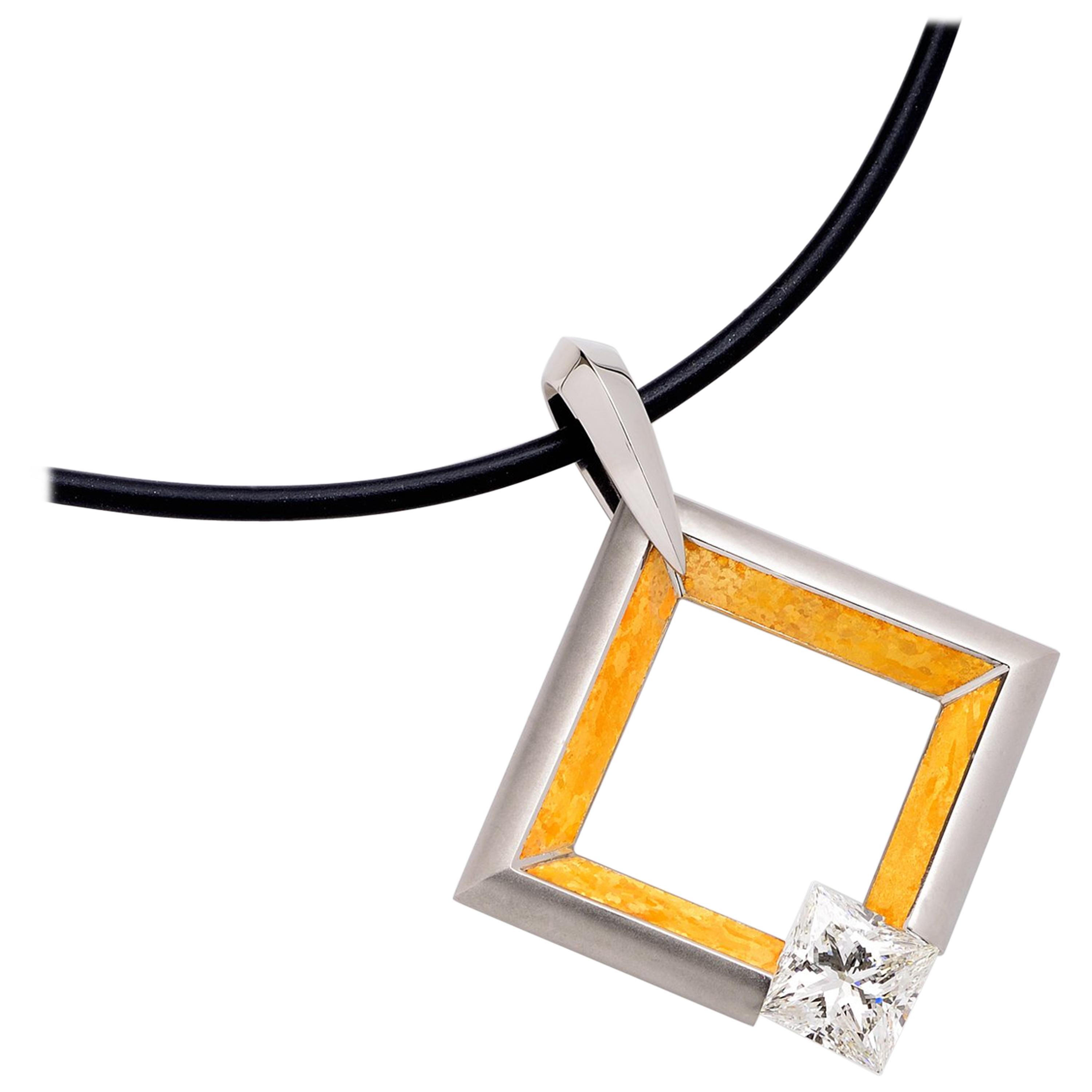 Steven Kretchmer Large 24K and Platinum Square Pendant with Tension-Set Diamond For Sale