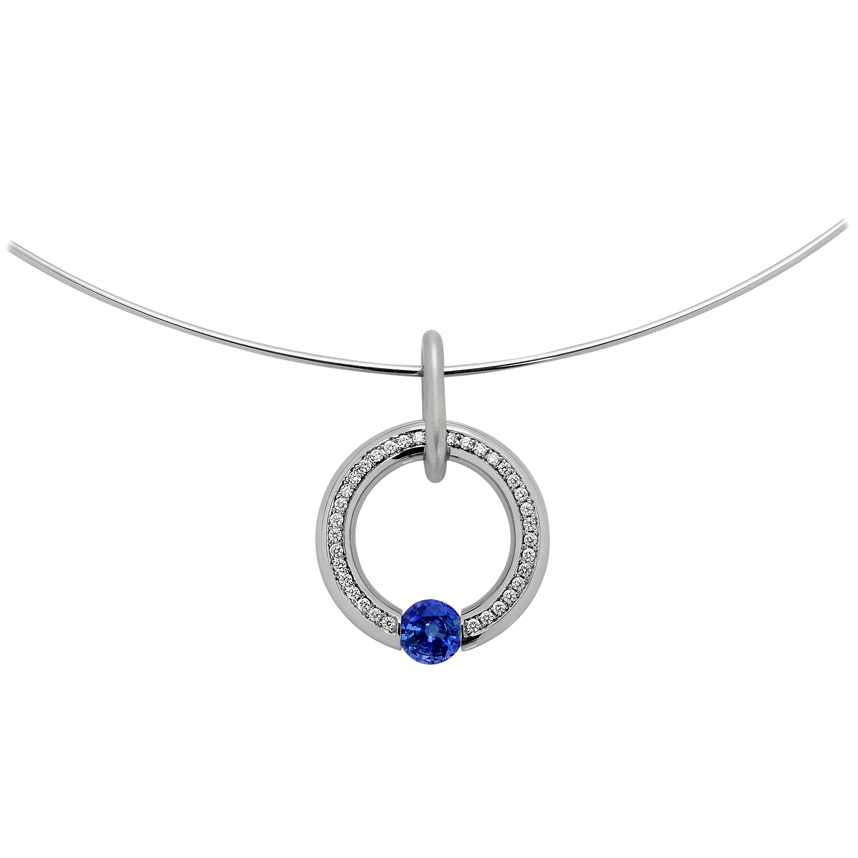 Steven Kretchmer Large Pave Round Pendant with a Tension-Set Blue Sapphire