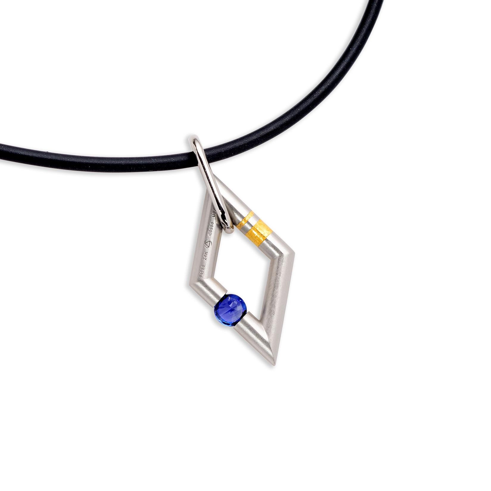 Round Cut Steven Kretchmer Platinum Diamond Shaped Pendant with Tension-Set Blue Sapphire For Sale