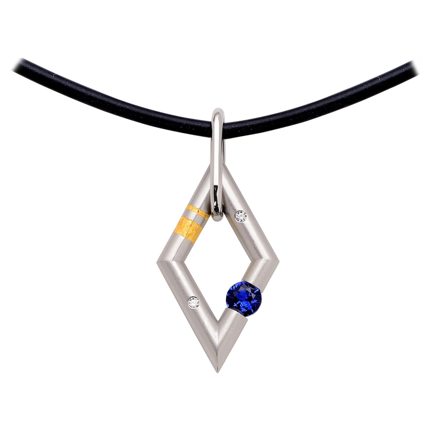Steven Kretchmer Platinum Diamond Shaped Pendant with Tension-Set Blue Sapphire For Sale