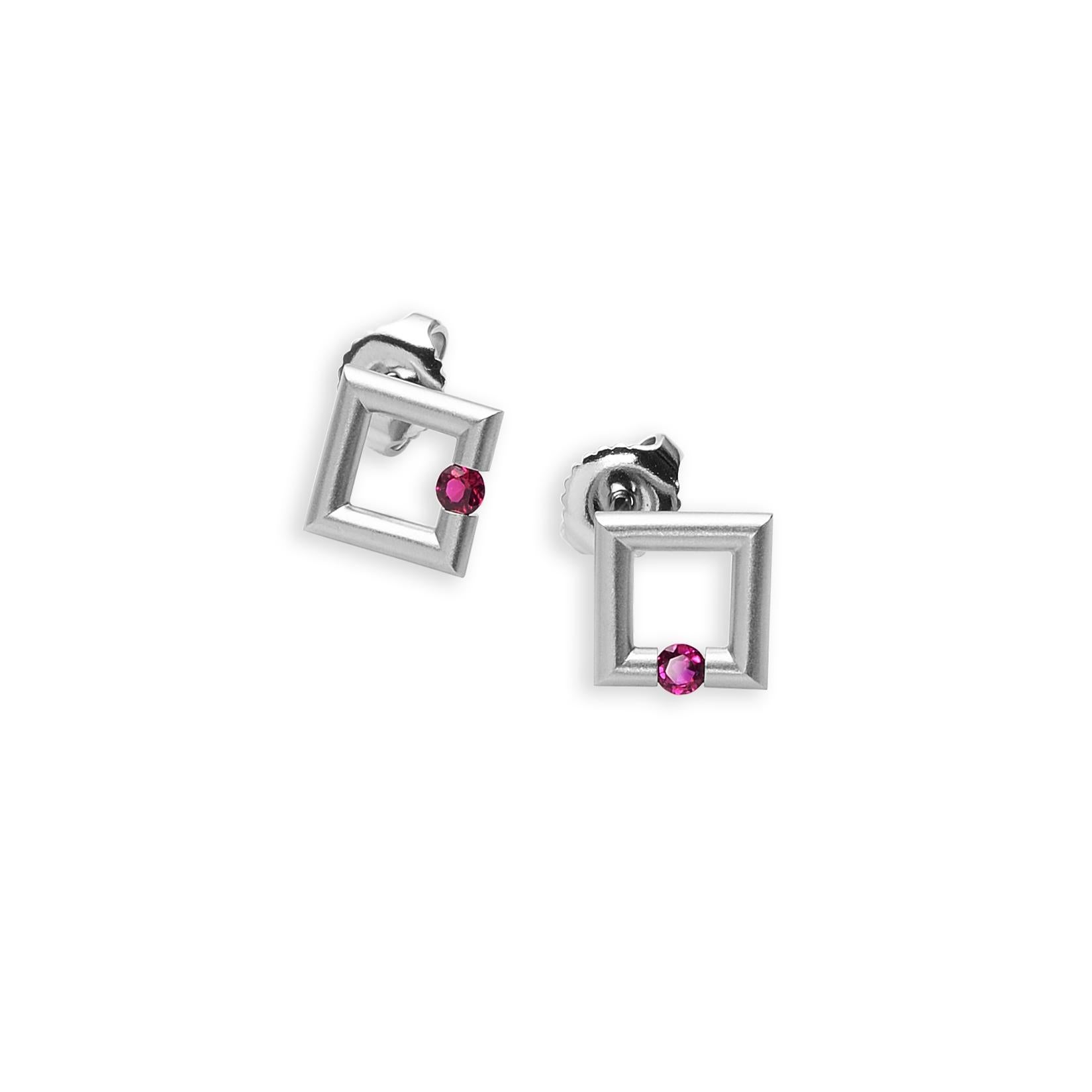 Modern Steven Kretchmer Platinum Micro Square Stud Earrings with Tension-Set Rubies For Sale
