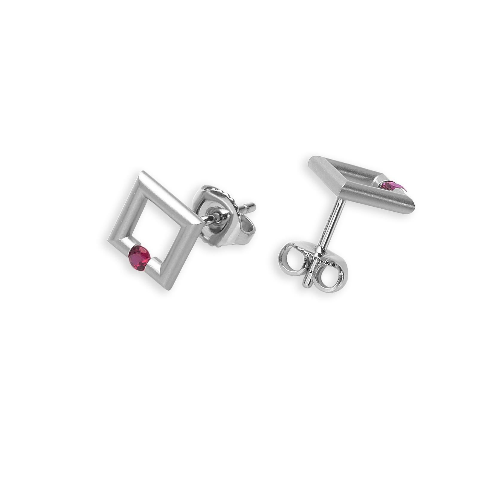 Round Cut Steven Kretchmer Platinum Micro Square Stud Earrings with Tension-Set Rubies For Sale