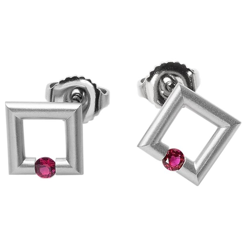 Steven Kretchmer Platinum Micro Square Stud Earrings with Tension-Set Rubies For Sale