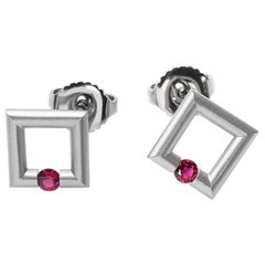 Steven Kretchmer Platinum Micro Square Stud Earrings with Tension-Set Rubies