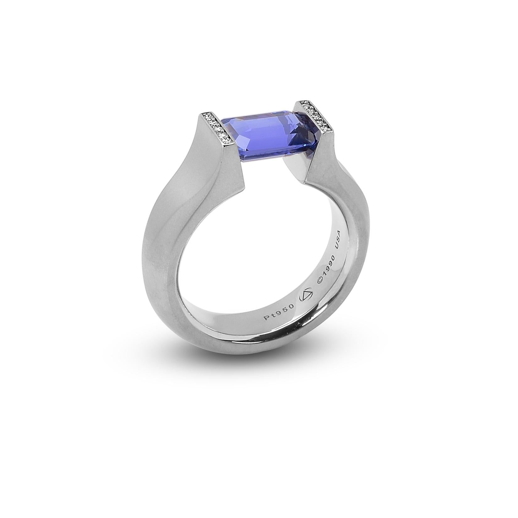 Emerald Cut Steven Kretchmer Platinum SHO Ring with a Tension-Set Blue Sapphire For Sale