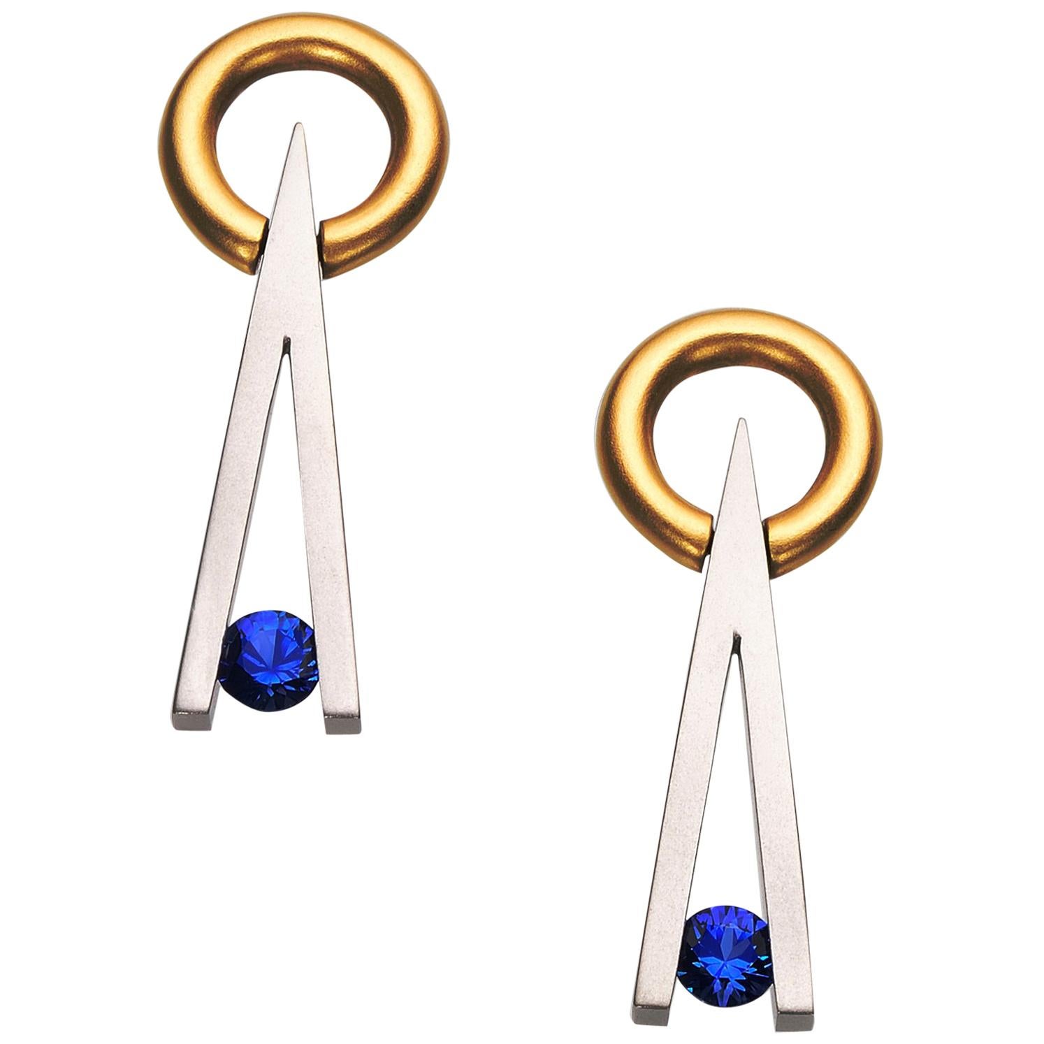 Steven Kretchmer Swinging V Tension-Set Earrings with Blue Sapphires For Sale