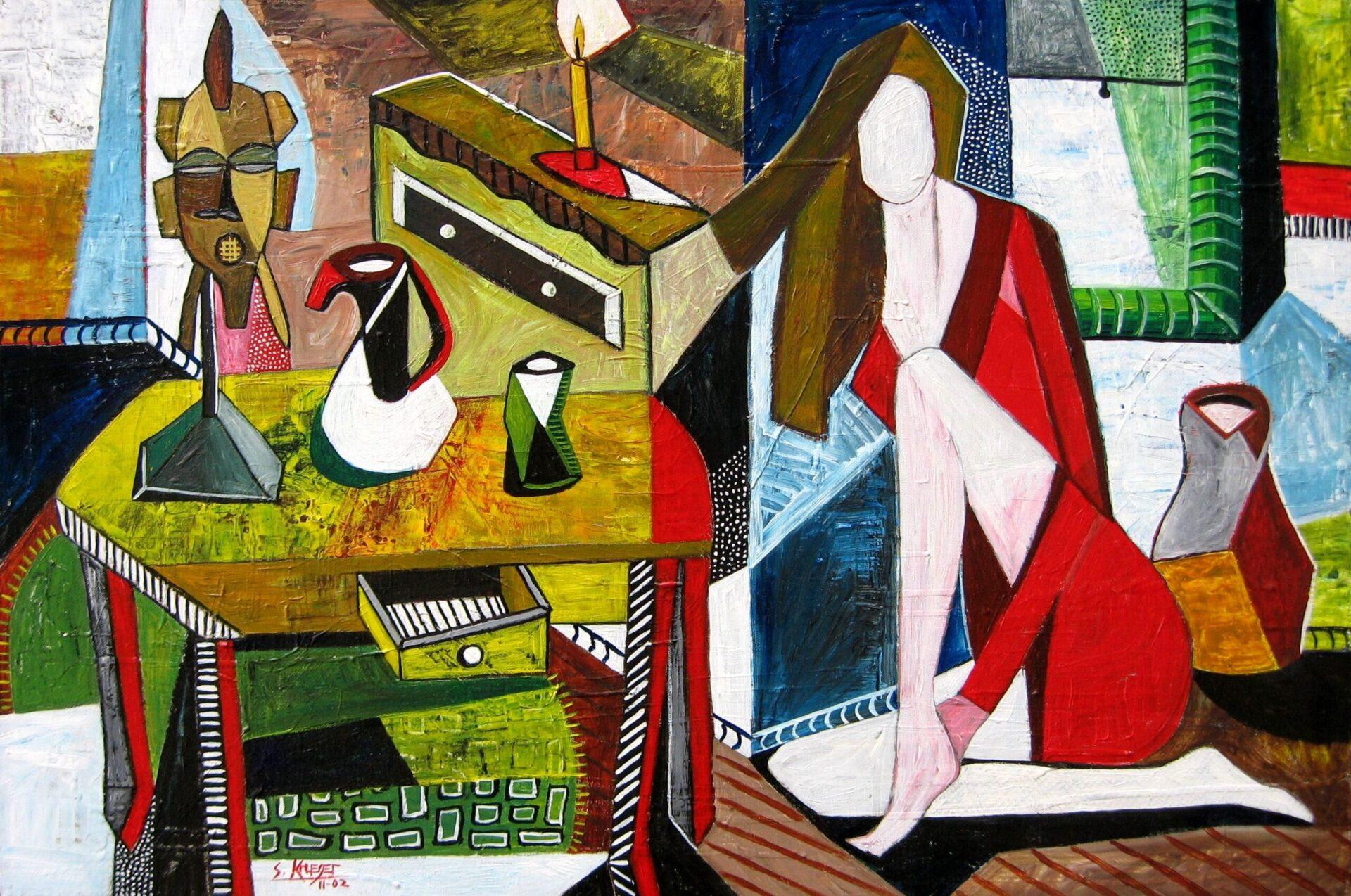Interior with Woman and Table - Painting by Steven Krueger