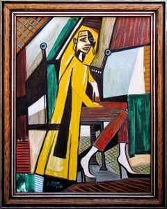 Sitzende Frau mit gelbem Mantel