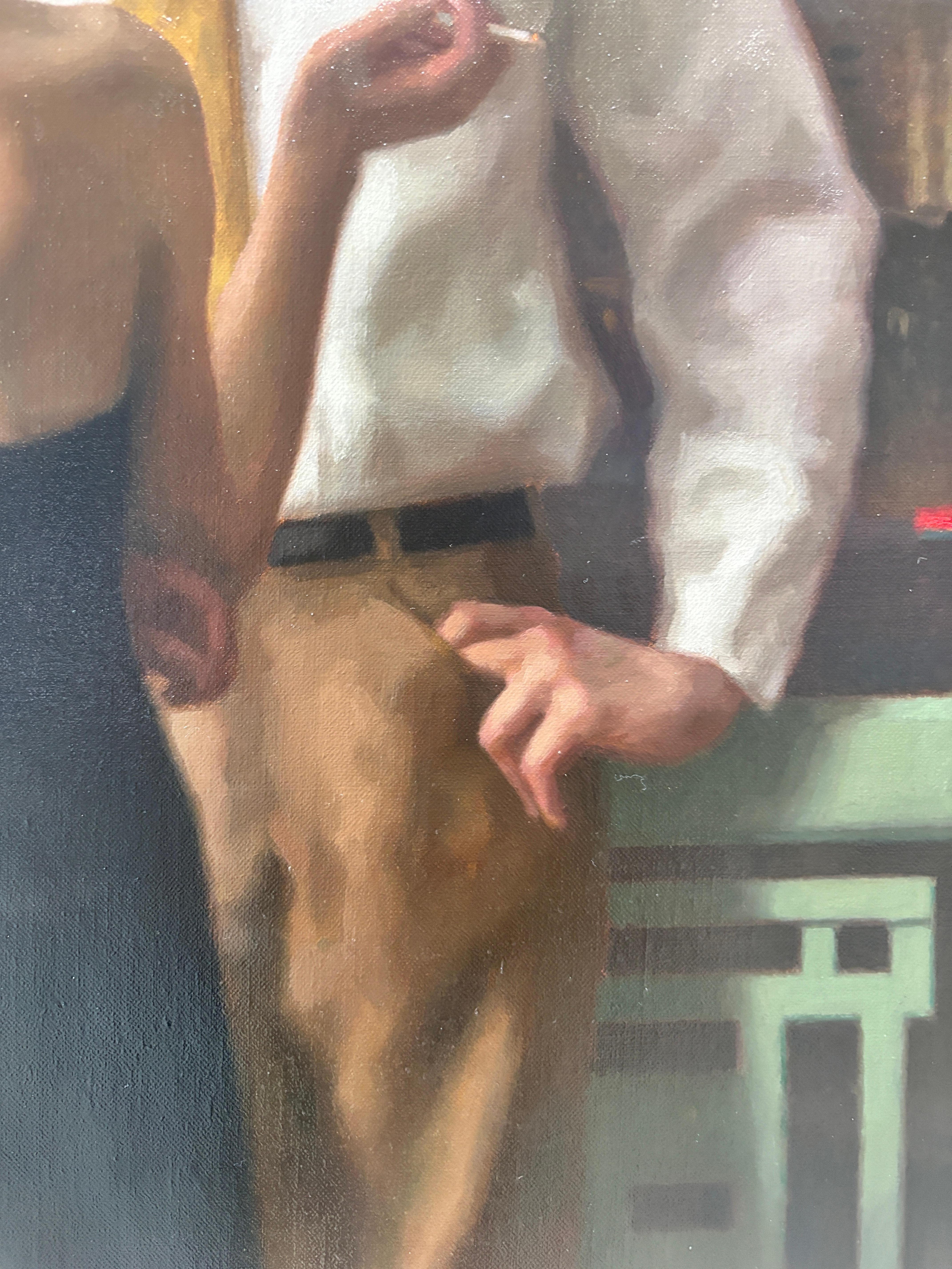 “Balcony” oil painting, realist, figurative, romance, cityscape at night, framed For Sale 7
