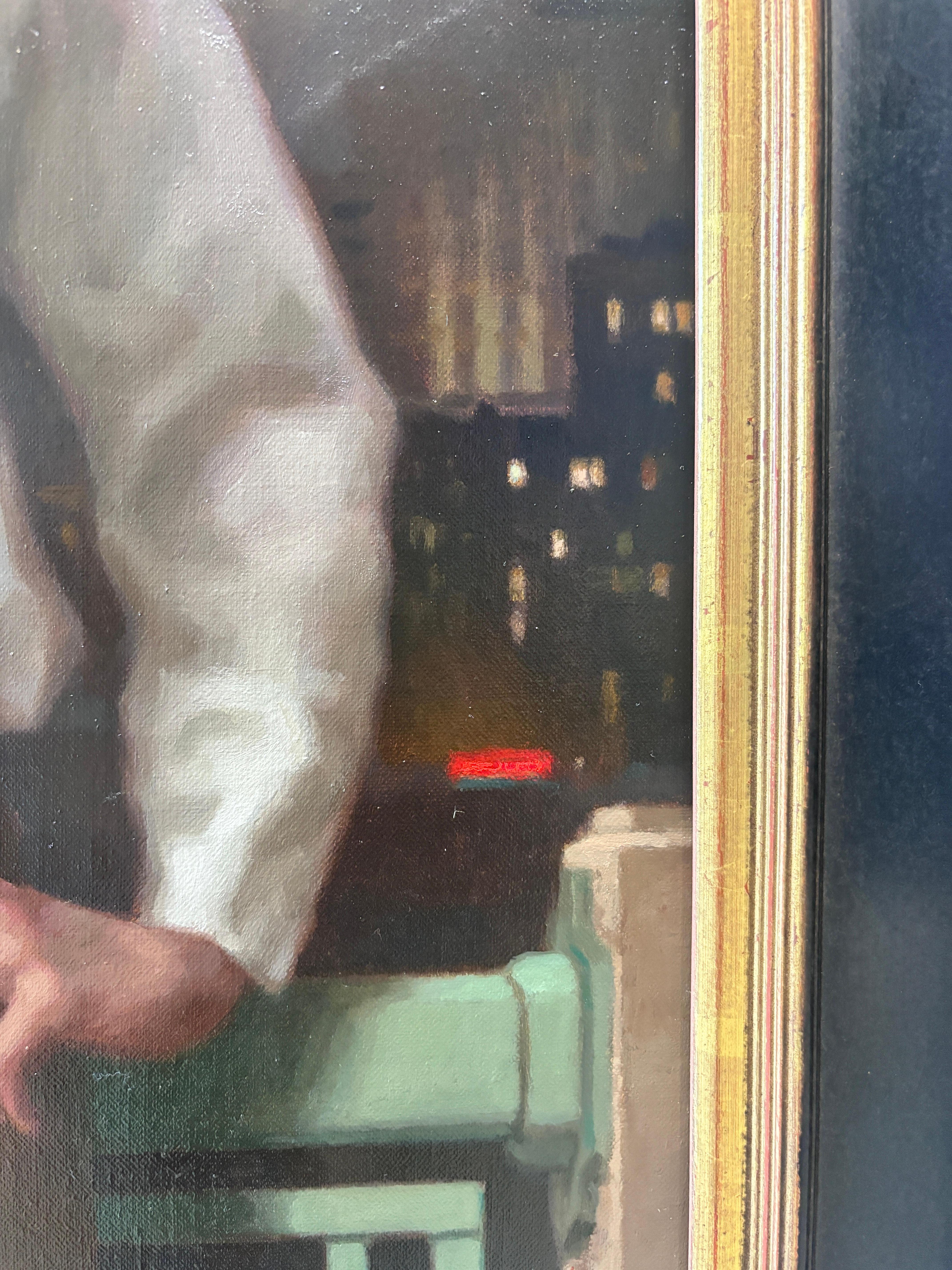 “Balcony” oil painting, realist, figurative, romance, cityscape at night, framed For Sale 8