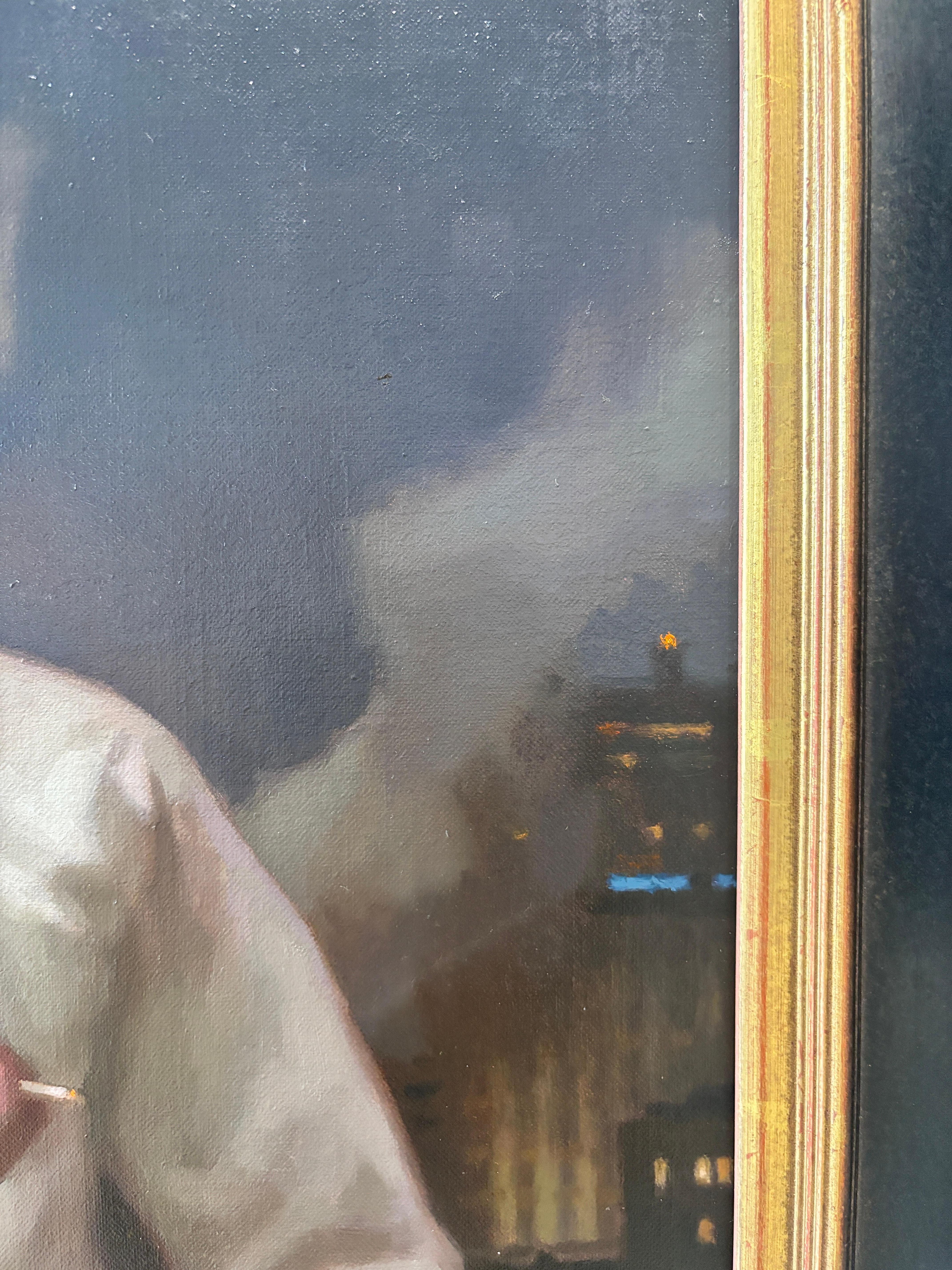 “Balcony” oil painting, realist, figurative, romance, cityscape at night, framed For Sale 9