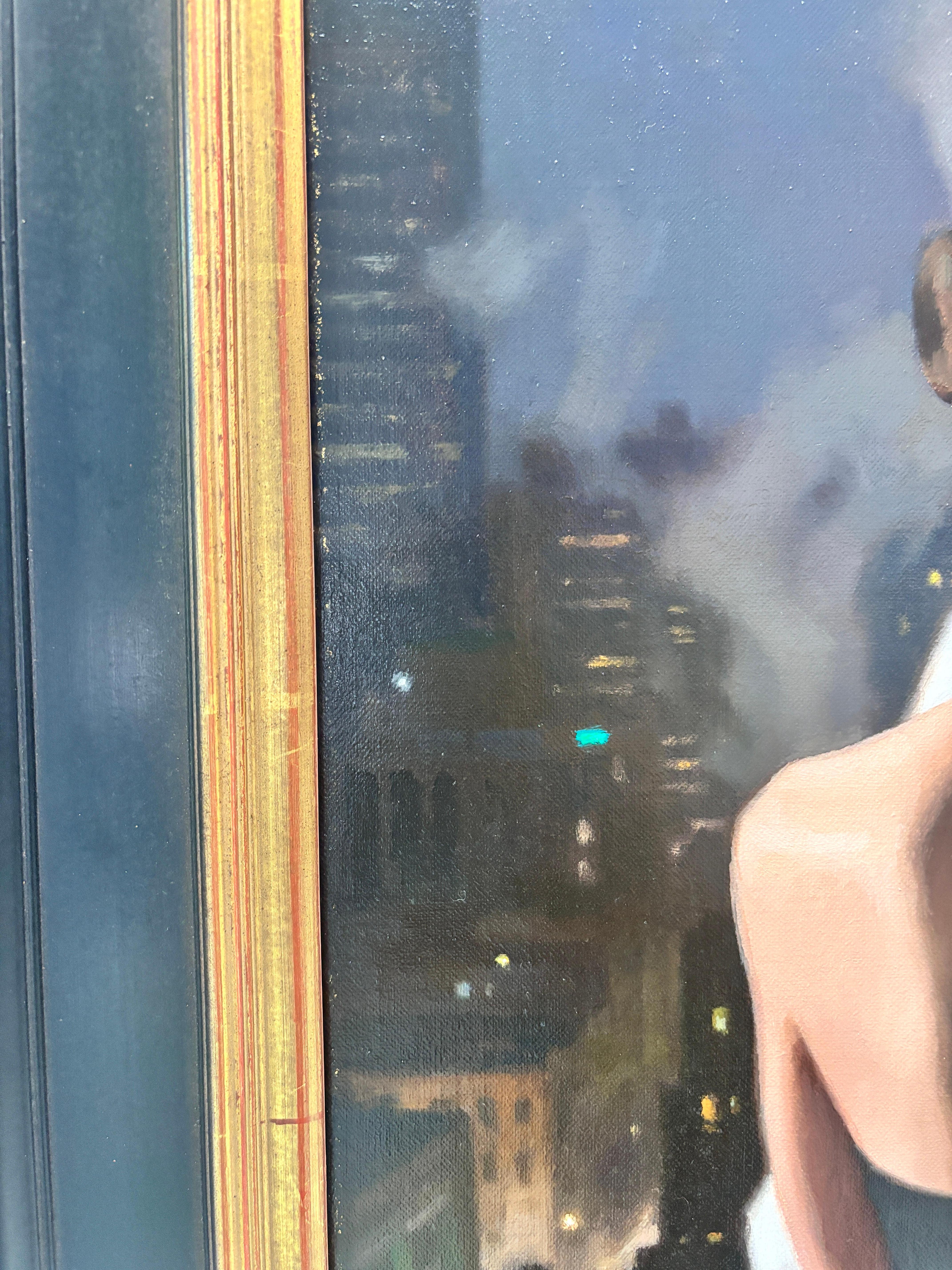 “Balcony” oil painting, realist, figurative, romance, cityscape at night, framed For Sale 10