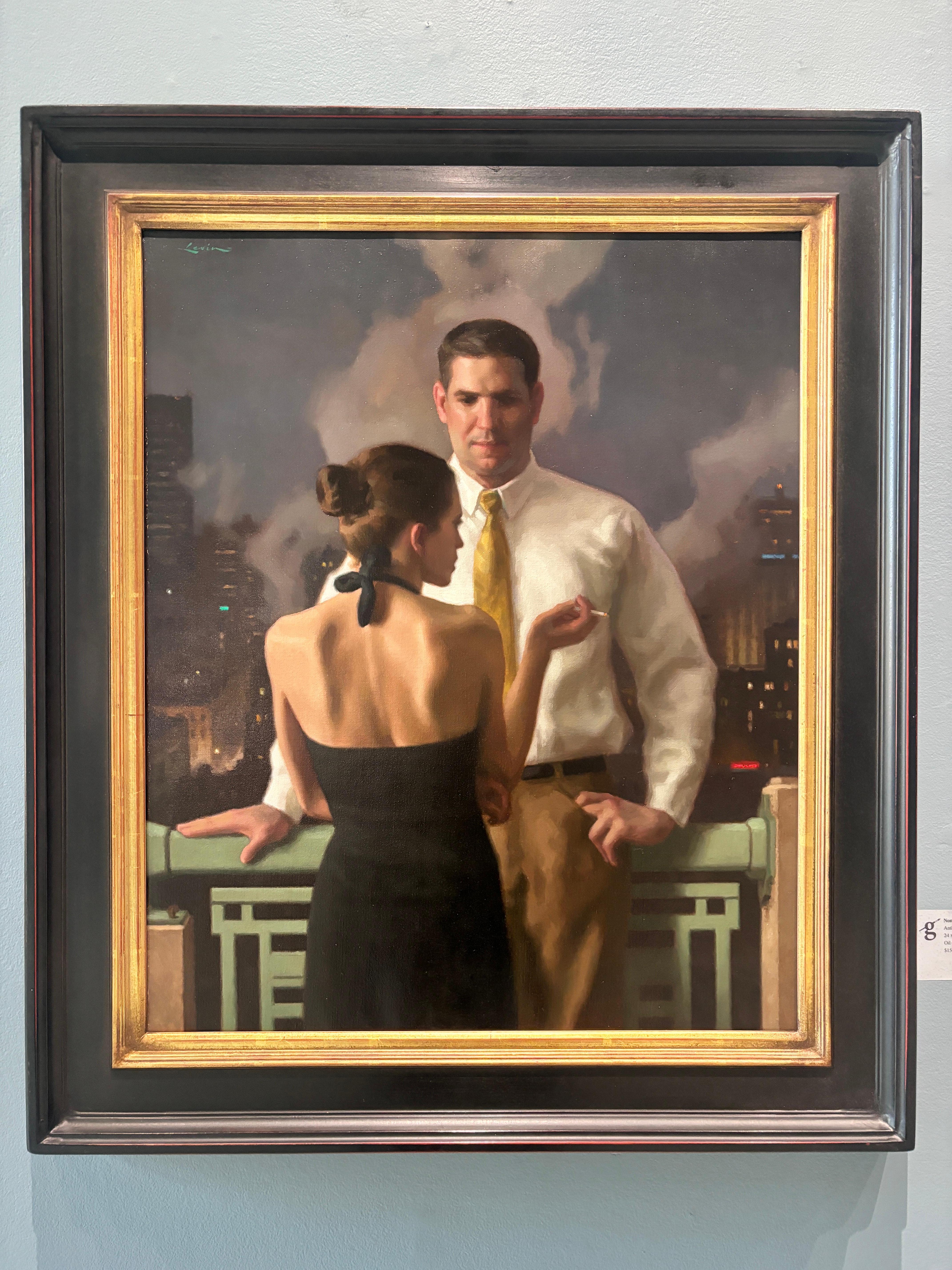“Balcony” oil painting, realist, figurative, romance, cityscape at night, framed - American Realist Painting by Steven Levin
