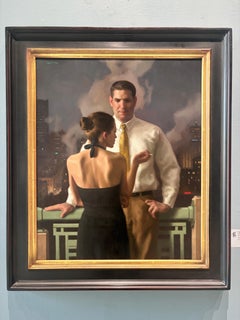 “Balcony” oil painting, realist, figurative, romance, cityscape at night, framed