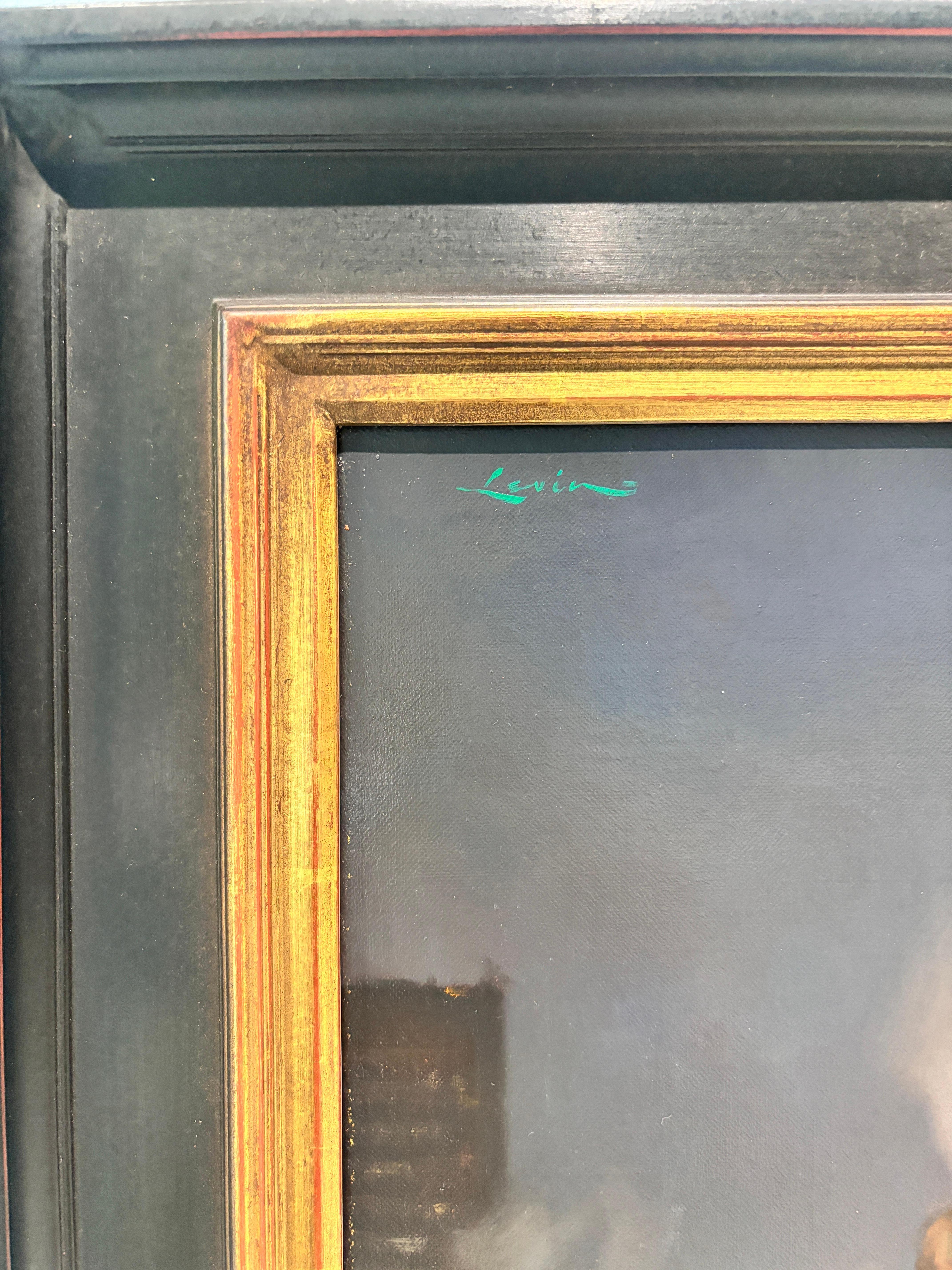 “Balcony” oil painting, realist, figurative, romance, cityscape at night, framed For Sale 2