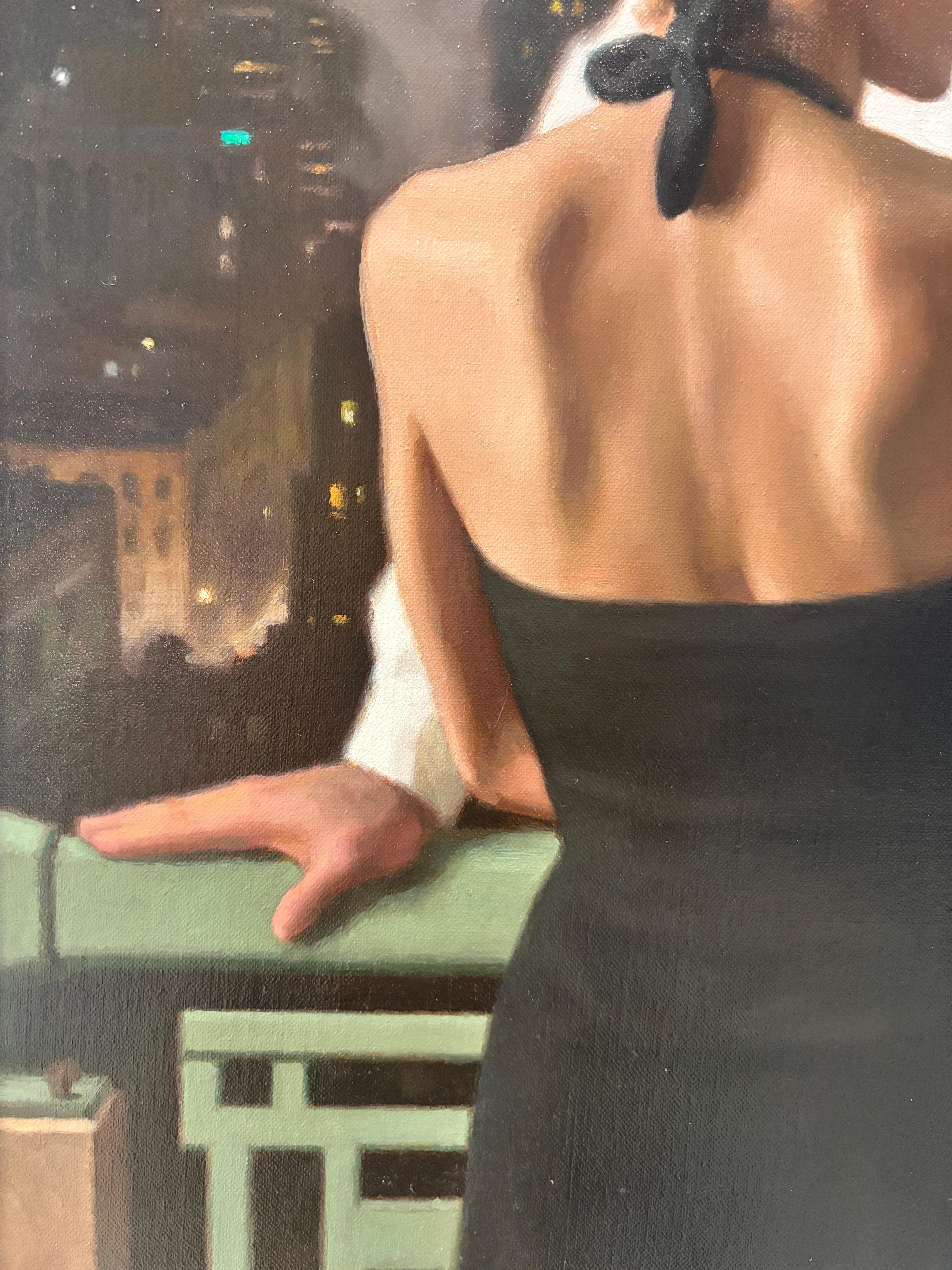 “Balcony” oil painting, realist, figurative, romance, cityscape at night, framed For Sale 3