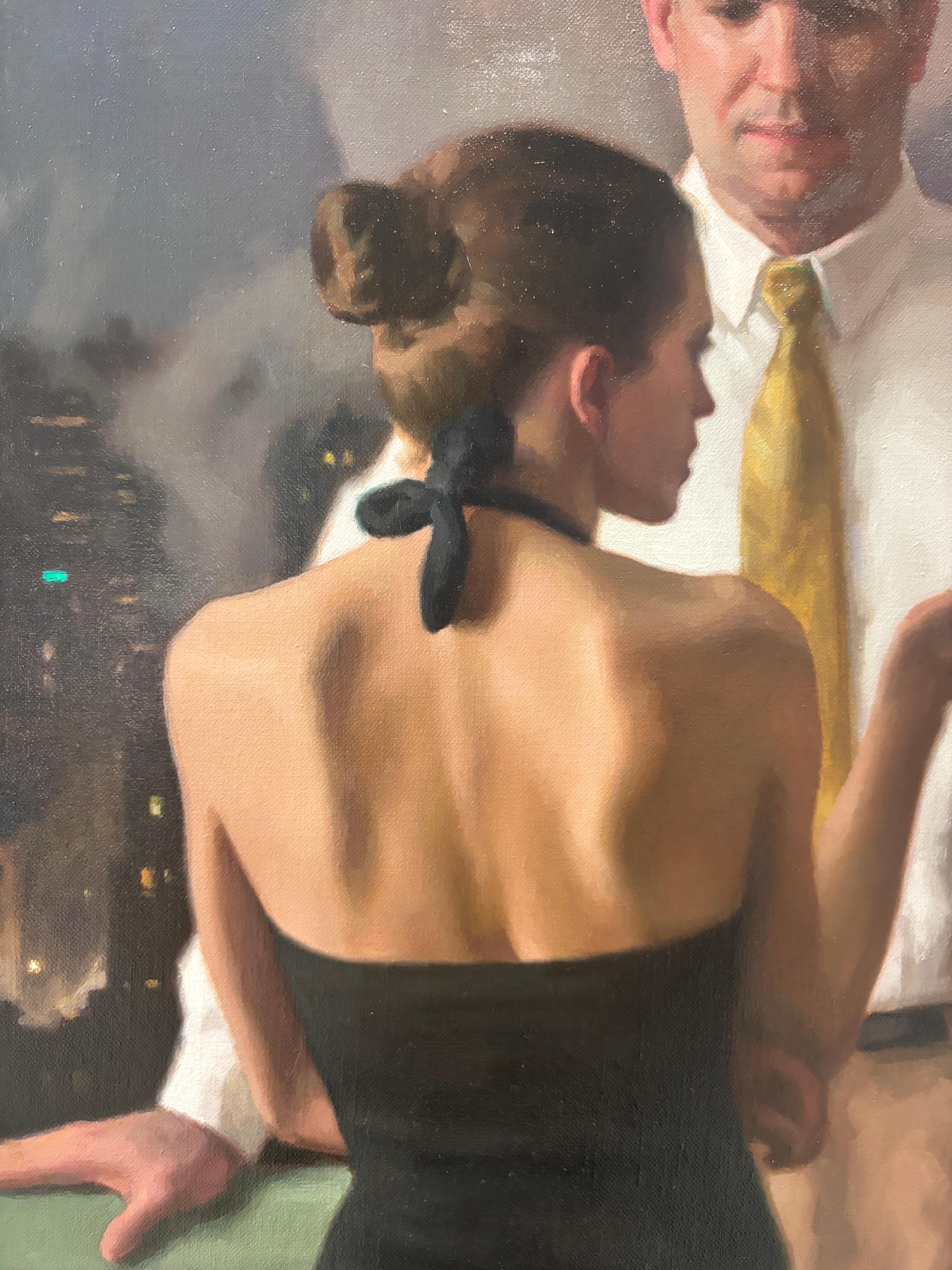 “Balcony” oil painting, realist, figurative, romance, cityscape at night, framed For Sale 5