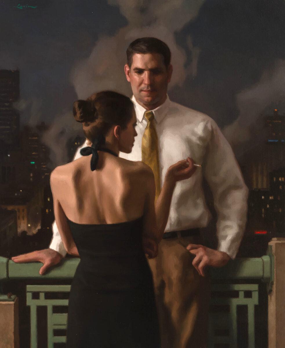 “Balcony” oil painting, realist, figurative, romance, cityscape at night, framed - Painting by Steven Levin