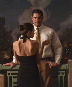 “Balcony” oil painting, realist, figurative, romance, cityscape at night, framed