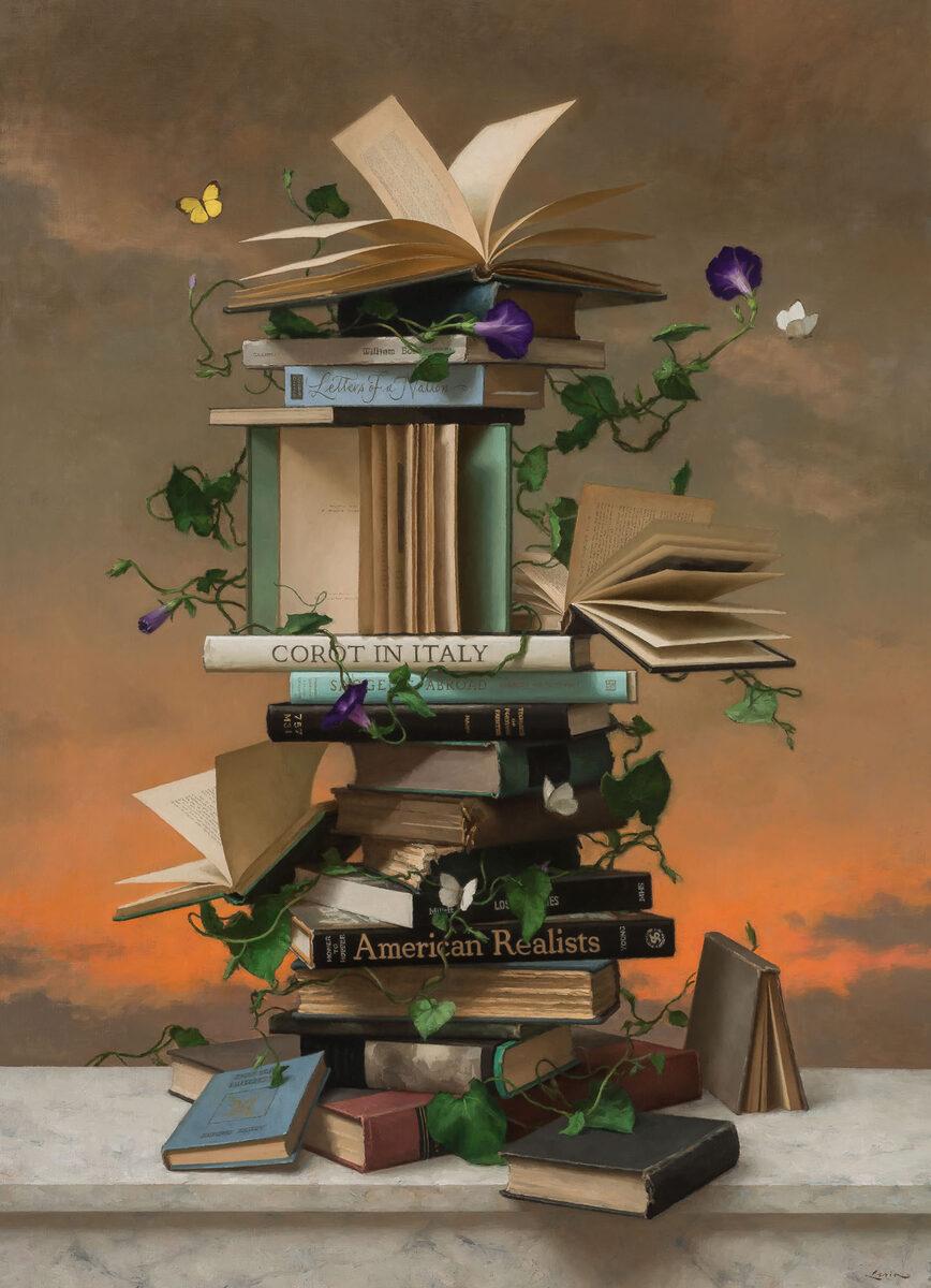 Steven Levin Still-Life Painting – "Bücher und Schmetterlinge 9" Ölgemälde, Stillleben, surrealistisch, signiert & gerahmt