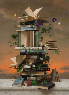 "Bücher und Schmetterlinge 9" Ölgemälde, Stillleben, surrealistisch, signiert & gerahmt