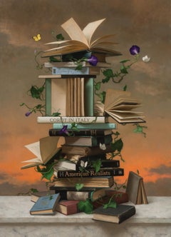 "Livres et papillons 9" Peinture à l'huile, nature morte, surréaliste, signée et encadrée