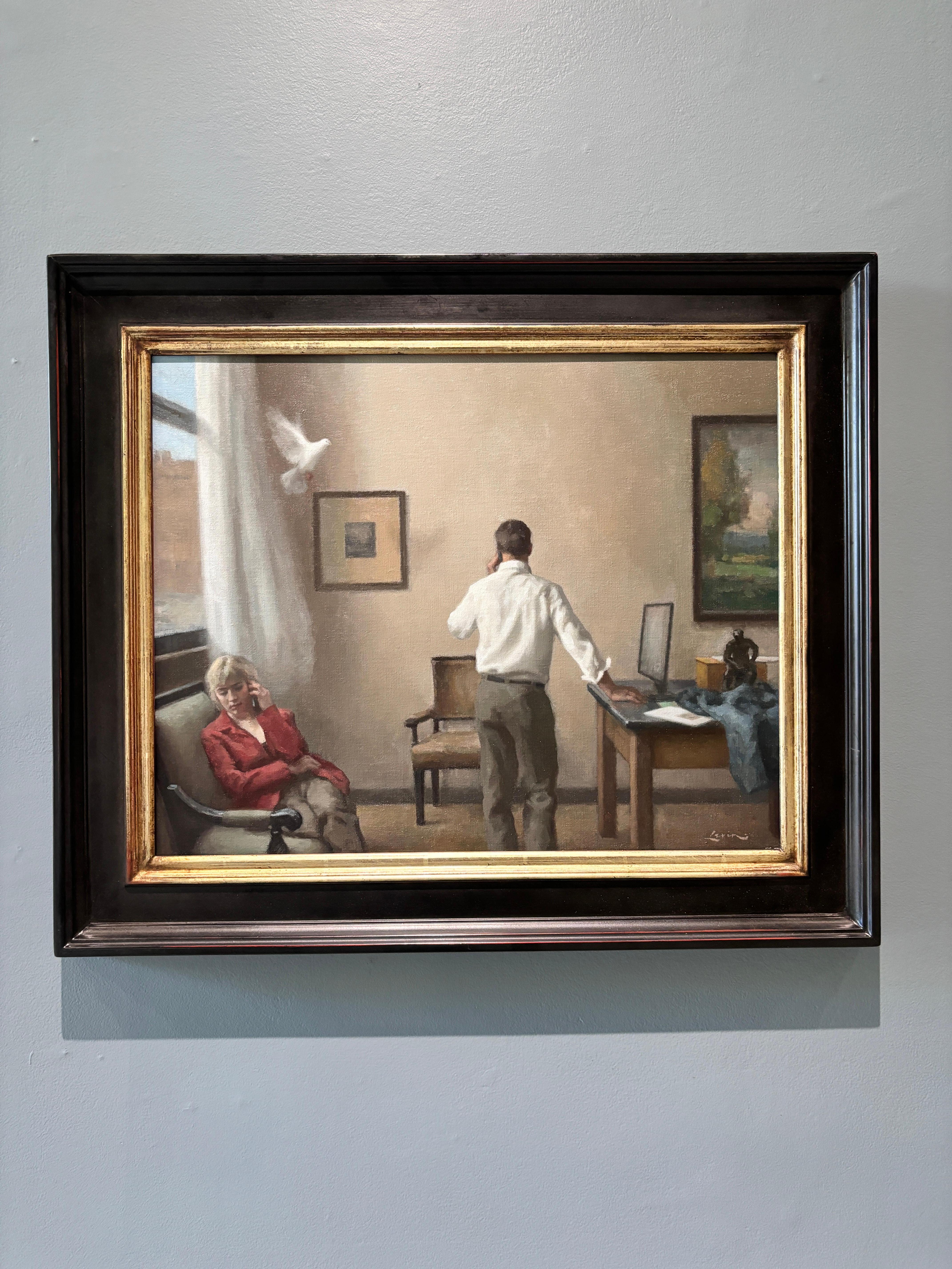 “Message�” oil painting, american realist, figurative, interior, contemporary - Painting by Steven Levin