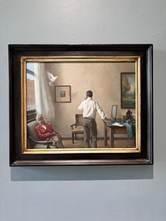 “Message” oil painting, american realist, figurative, interior, contemporary