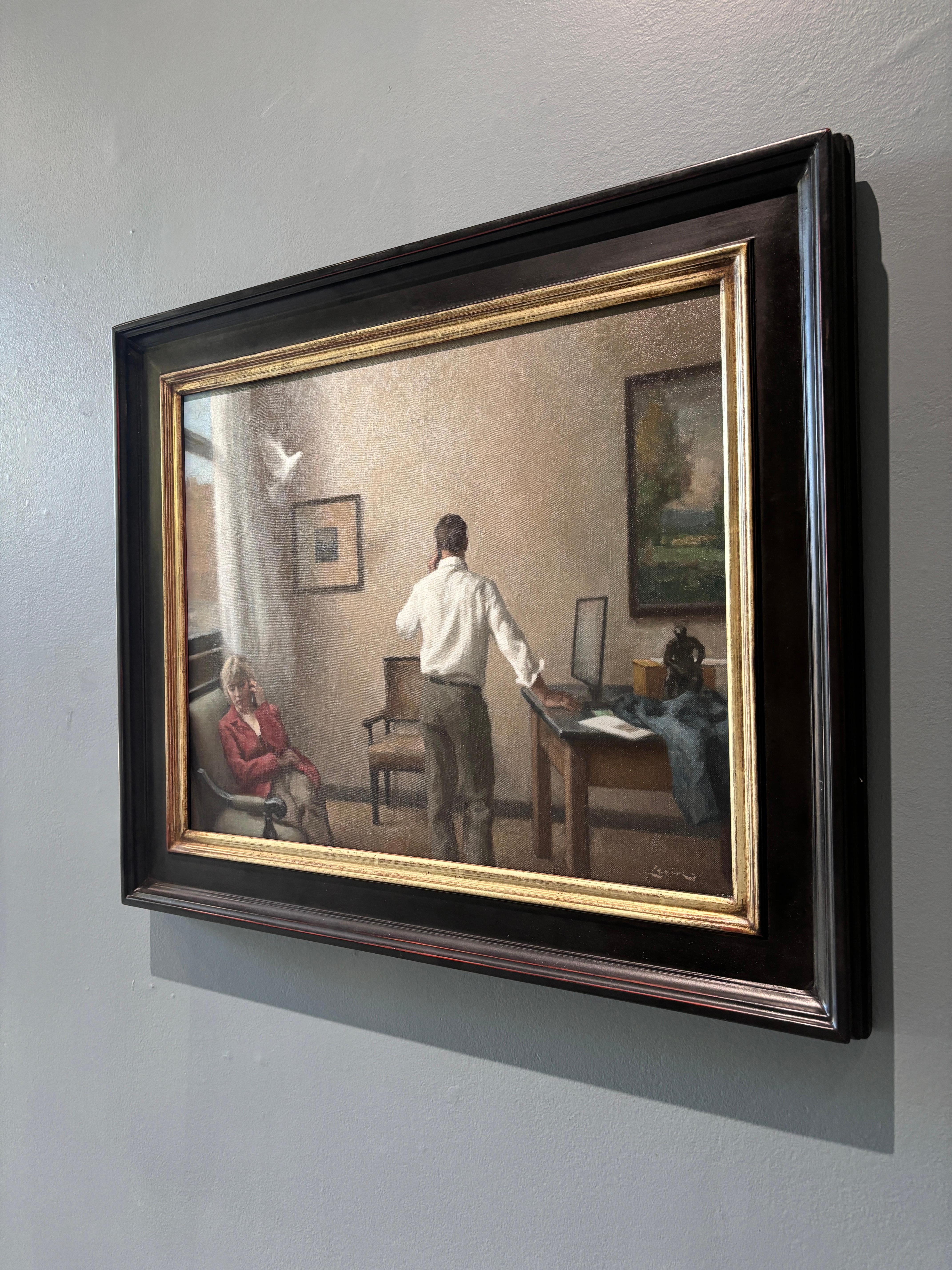 “Message” oil painting, american realist, figurative, interior, contemporary - American Realist Painting by Steven Levin