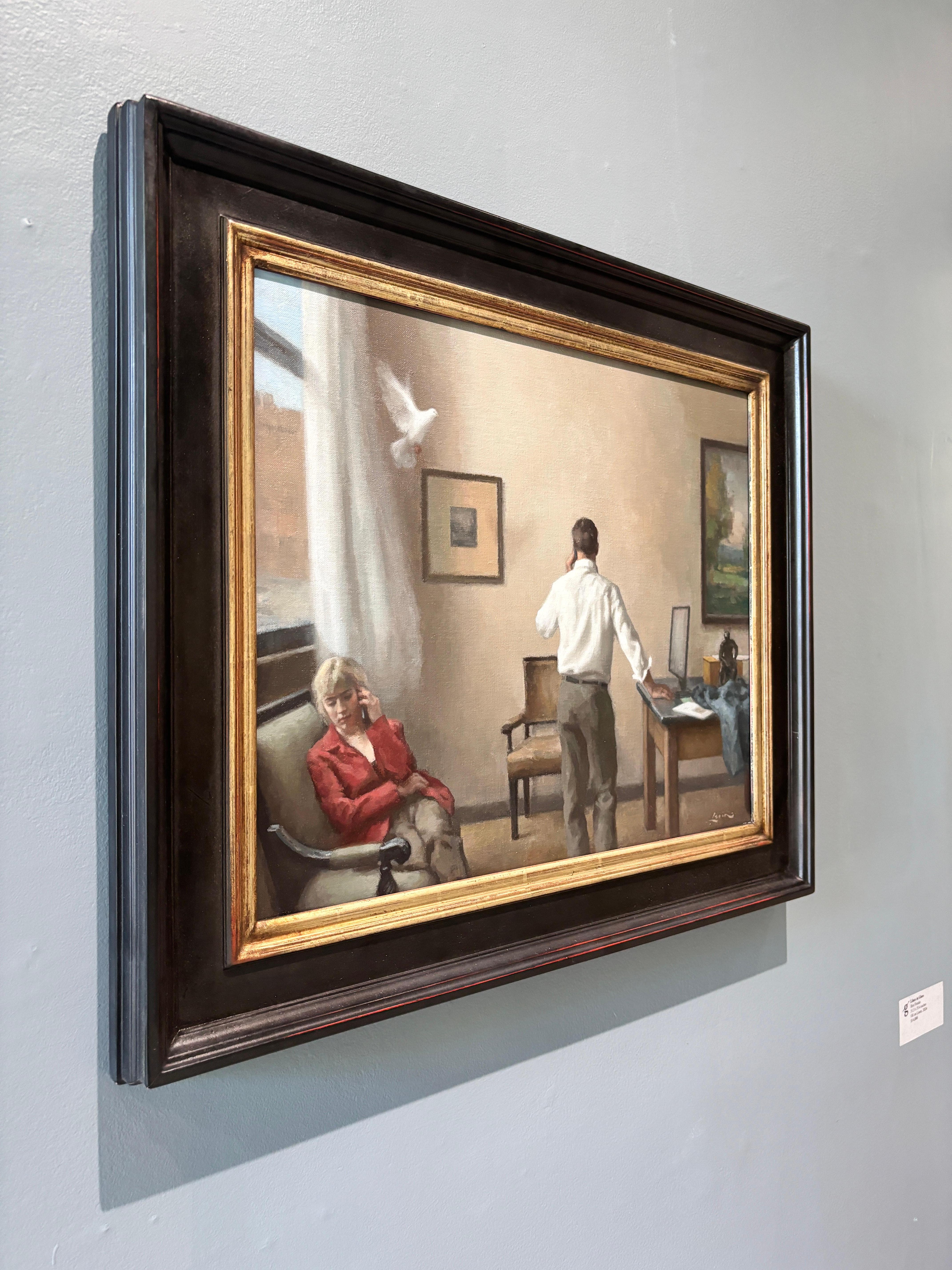 “Message” oil painting, american realist, figurative, interior, contemporary - Black Figurative Painting by Steven Levin