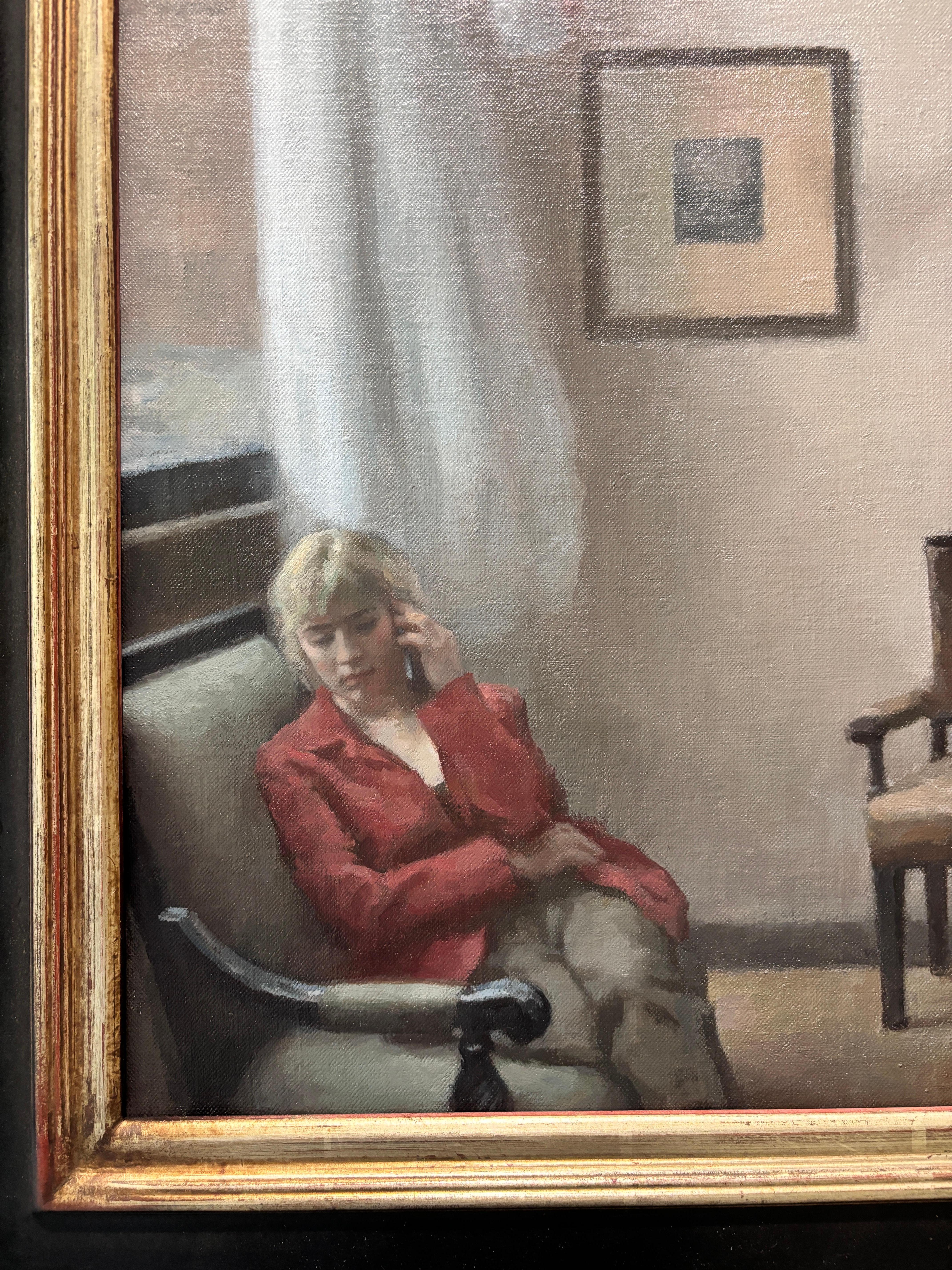 “Message” oil painting, american realist, figurative, interior, contemporary For Sale 1