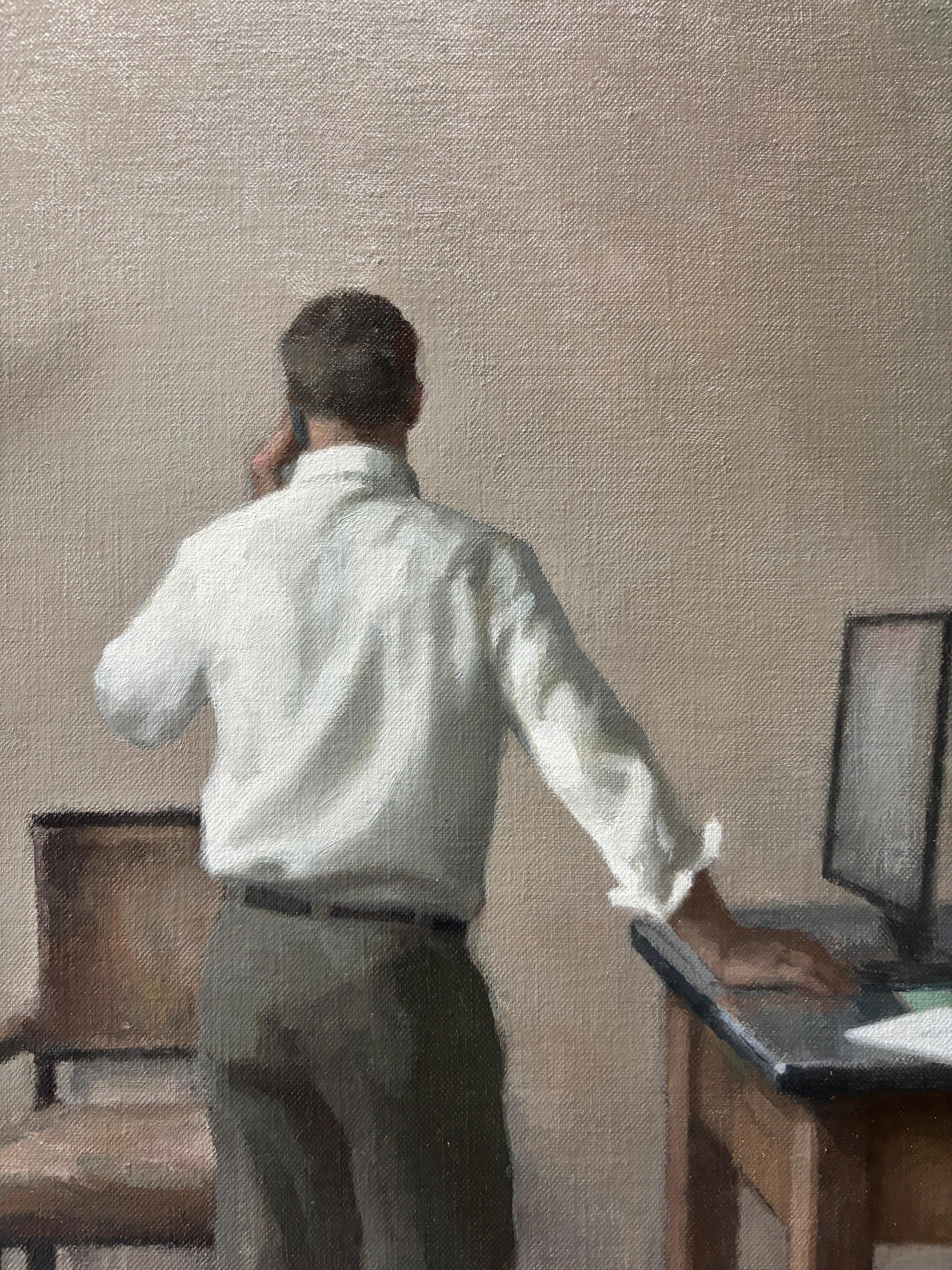 “Message” oil painting, american realist, figurative, interior, contemporary For Sale 2