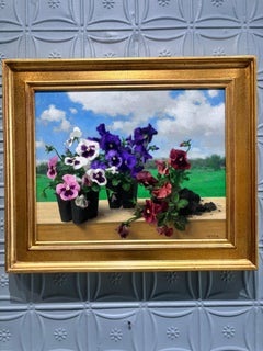 “Pansies” realist oil painting, colorful flowers, traditional landscape, framed