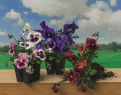 "Pansies" Oil Painting, Colorful Floral Still Life with Landscape, 22x26" Framed