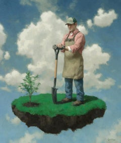 "Le jardinier" peinture à l'huile surréaliste, homme, nuage, signée, encadrée, 26x22 pouces