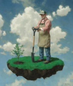 "Le jardinier" peinture à l'huile surréaliste, homme, nuage, signée, encadrée, 26x22 pouces