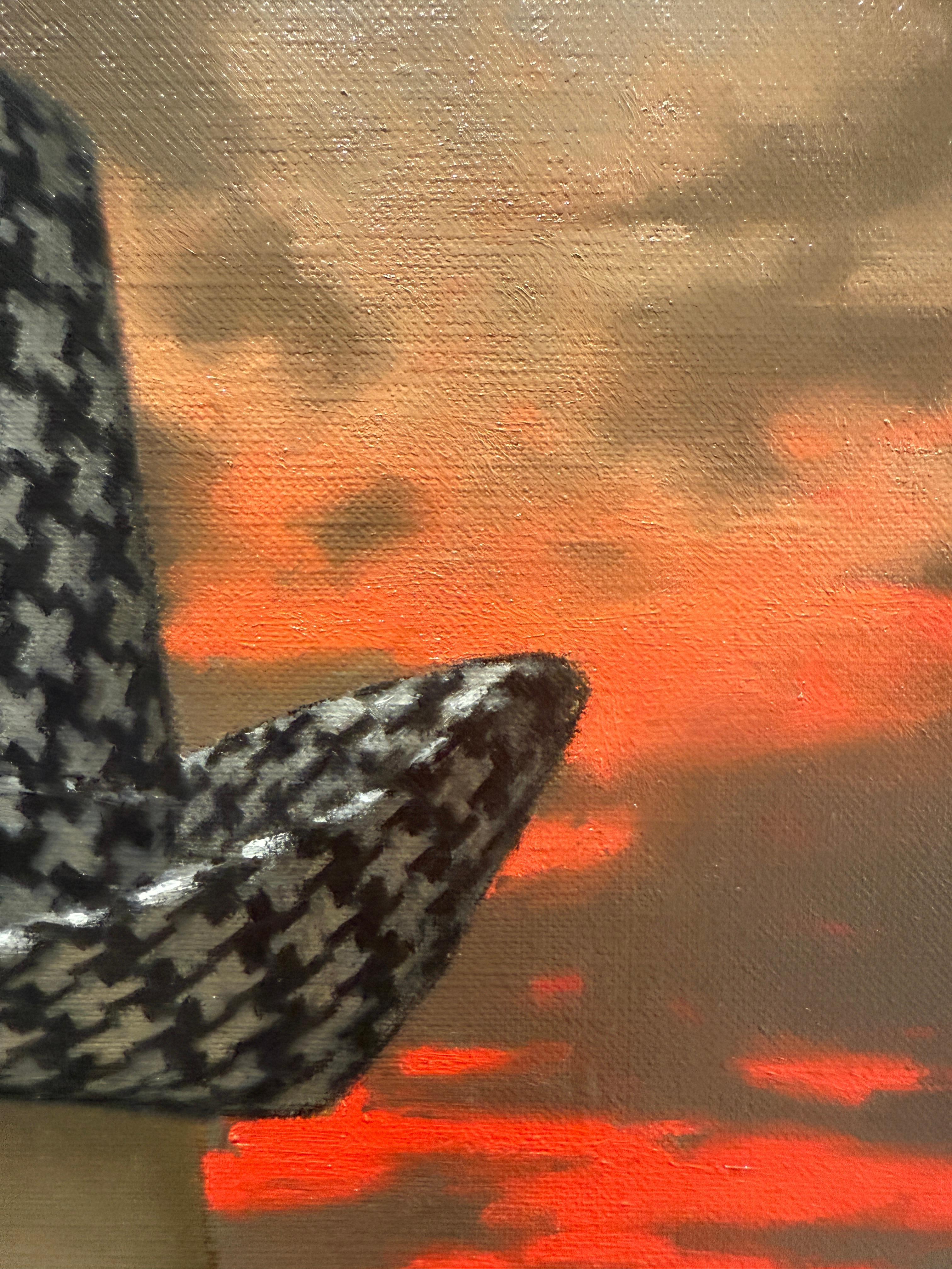 “The Houndstooth Hat” oil painting, poetic realism, two fedora hats with sunset For Sale 5