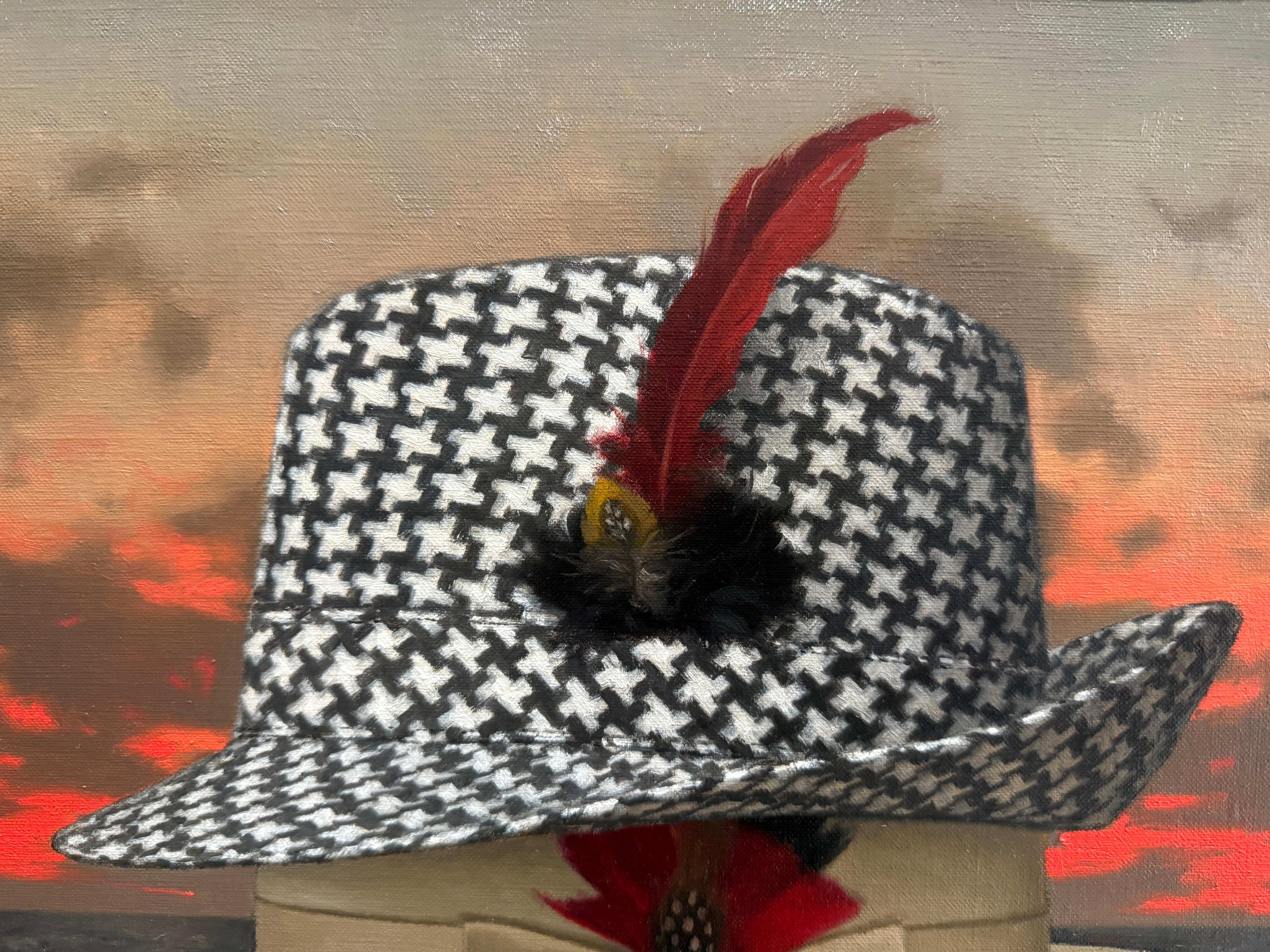 “The Houndstooth Hat” oil painting, poetic realism, two fedora hats with sunset For Sale 6
