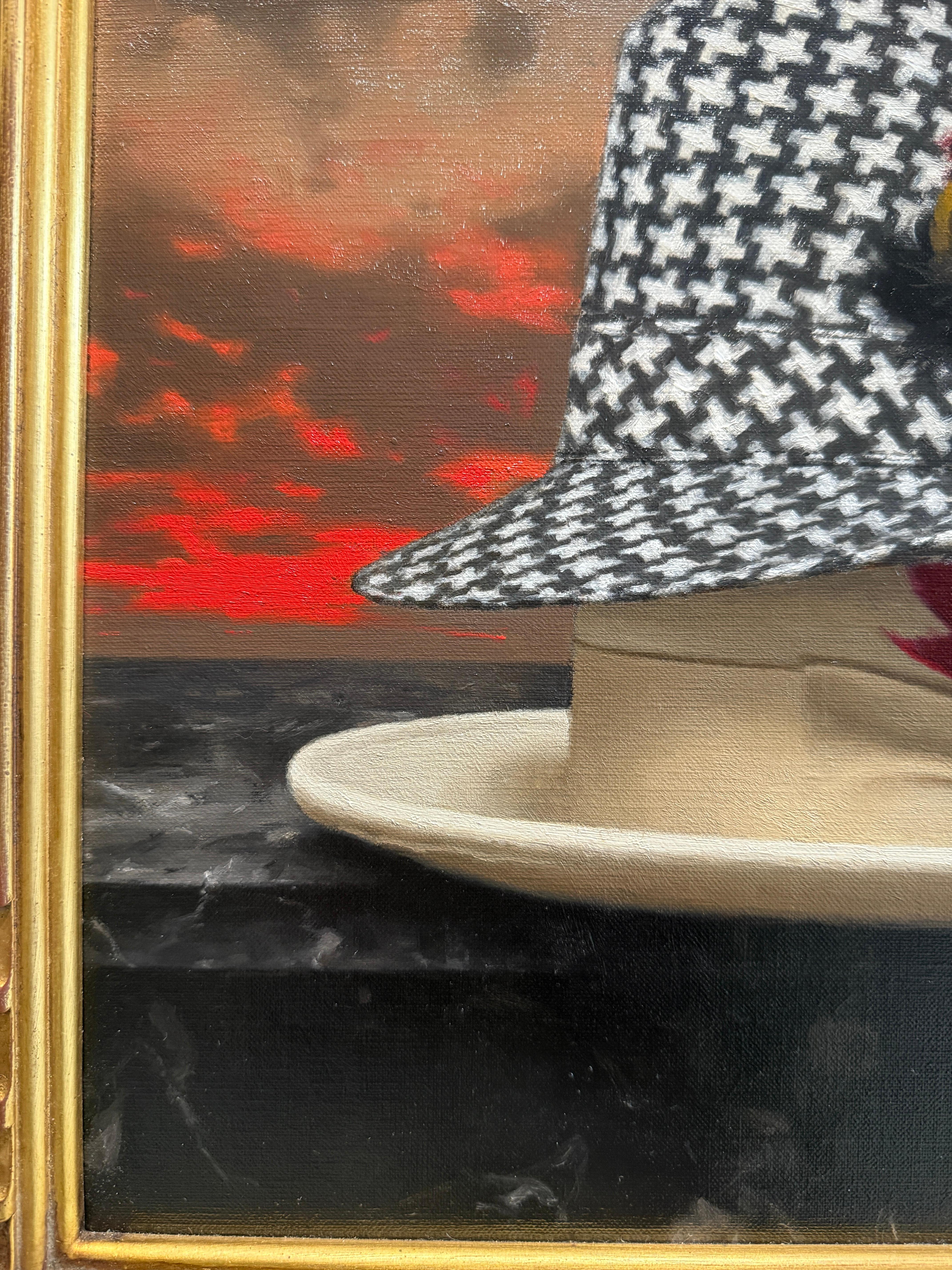“The Houndstooth Hat” oil painting, poetic realism, two fedora hats with sunset For Sale 7