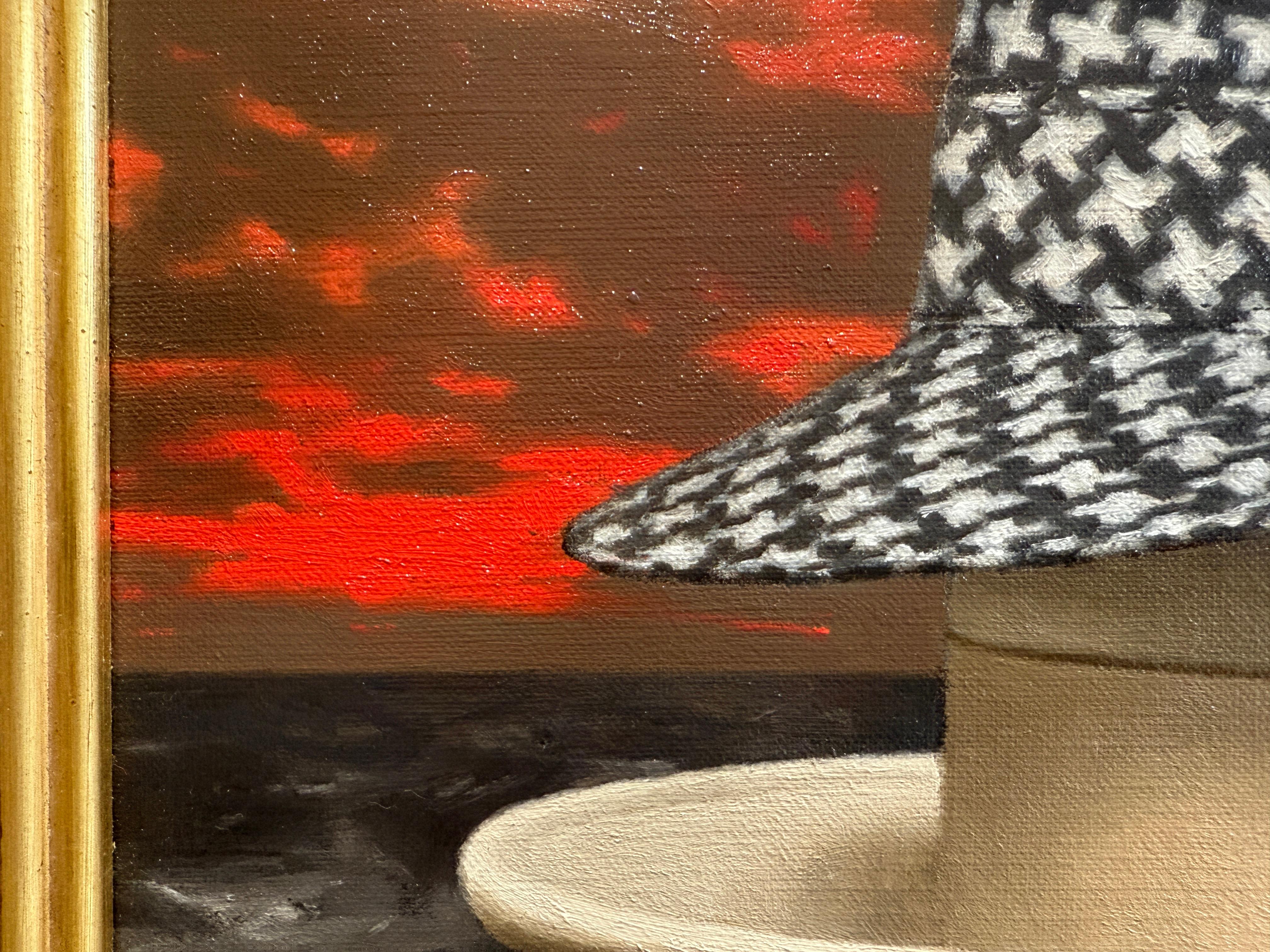 “The Houndstooth Hat” oil painting, poetic realism, two fedora hats with sunset For Sale 8