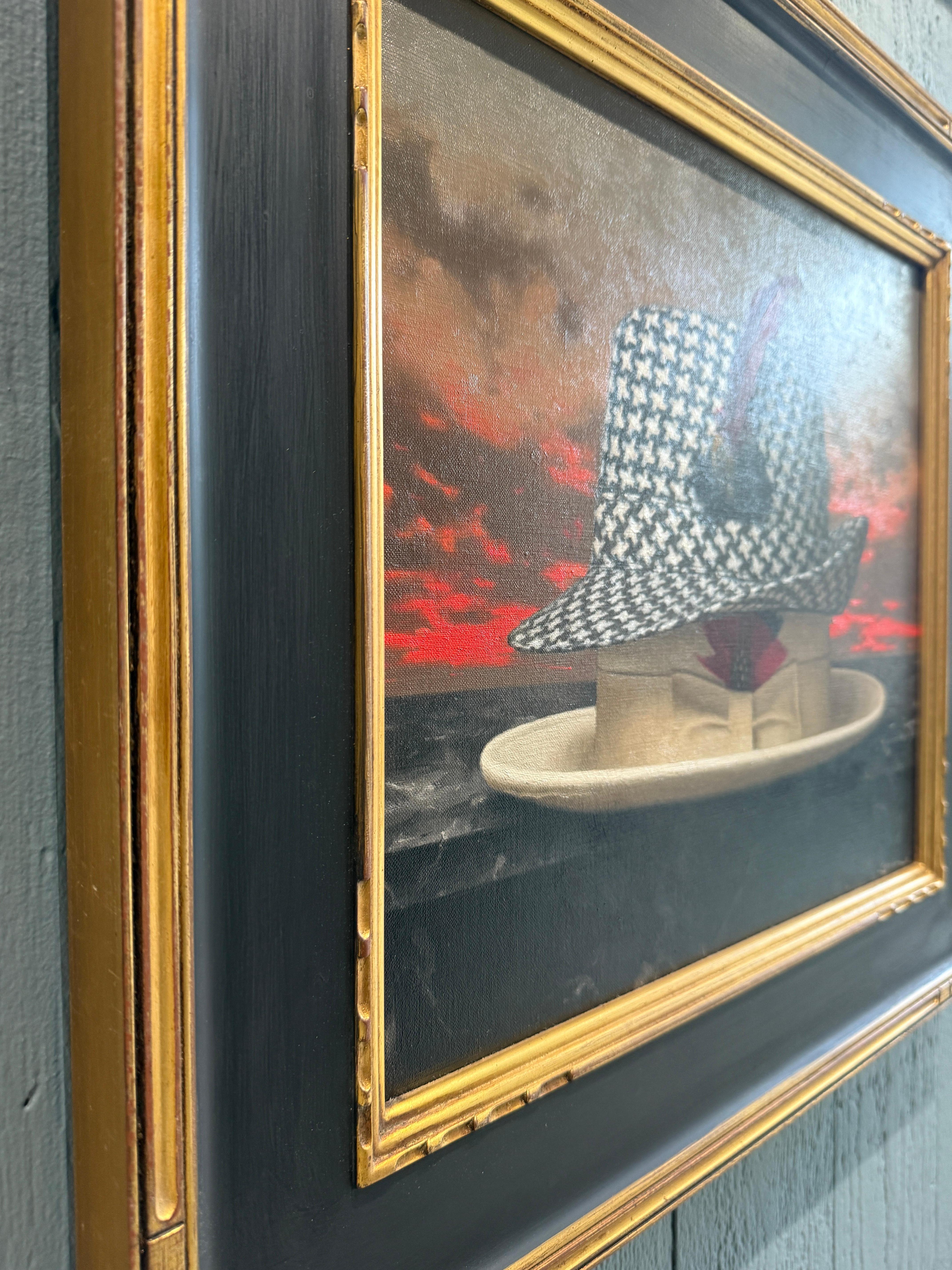 “The Houndstooth Hat” oil painting, poetic realism, two fedora hats with sunset For Sale 9