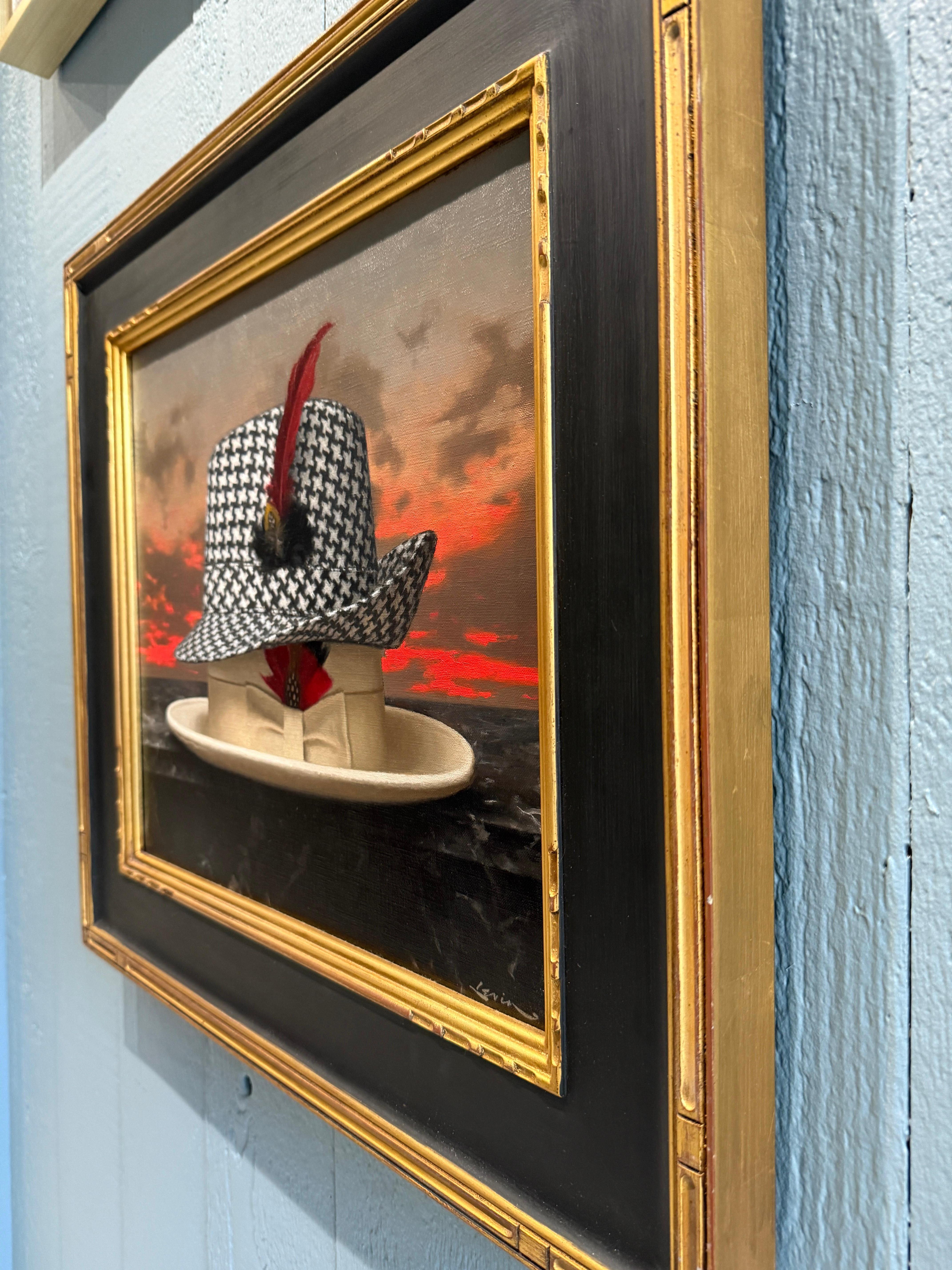 “The Houndstooth Hat” oil painting, poetic realism, two fedora hats with sunset For Sale 10