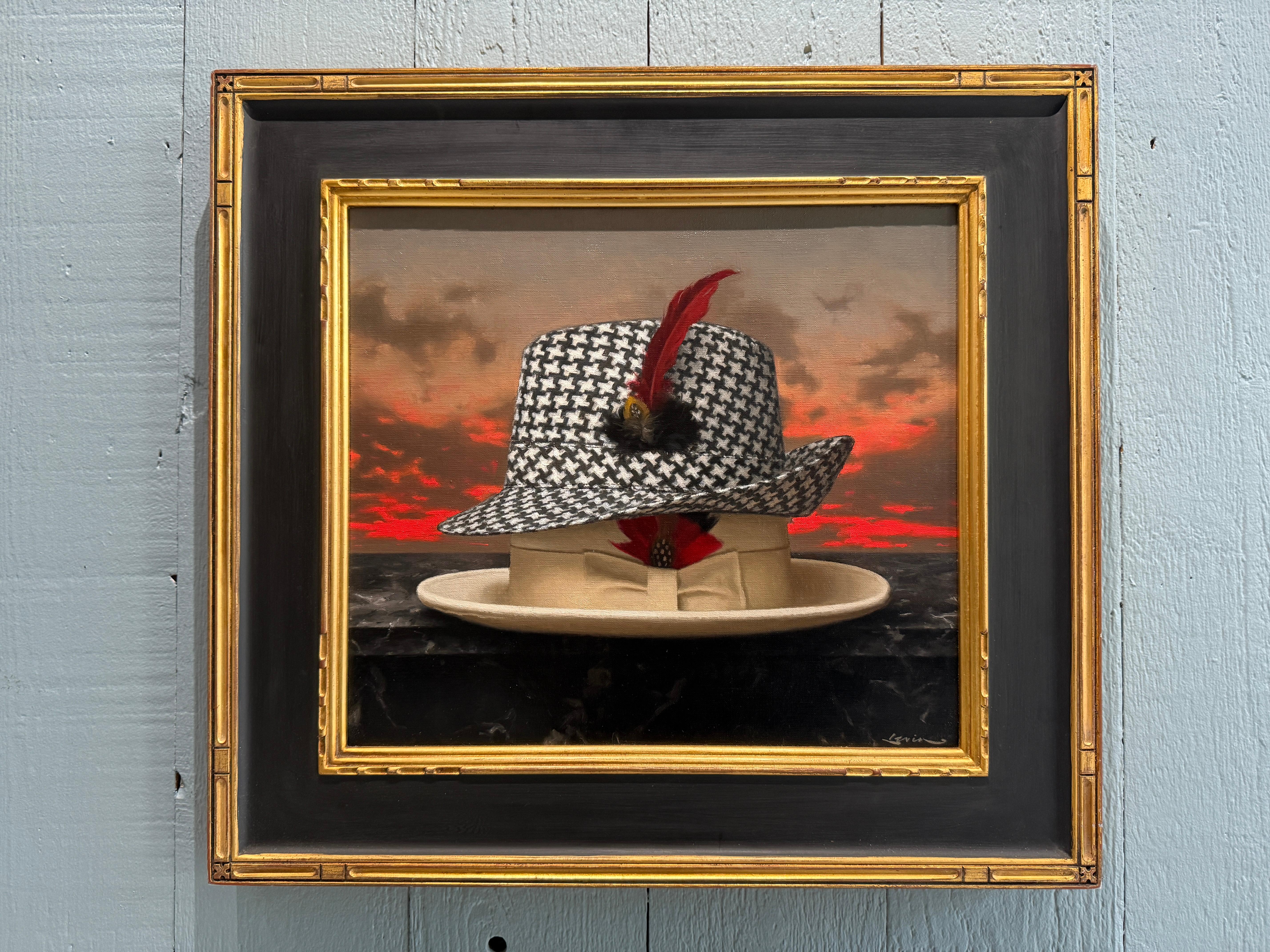 “The Houndstooth Hat” oil painting, poetic realism, two fedora hats with sunset - Painting by Steven Levin