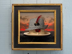 “The Houndstooth Hat” oil painting, poetic realism, two fedora hats with sunset