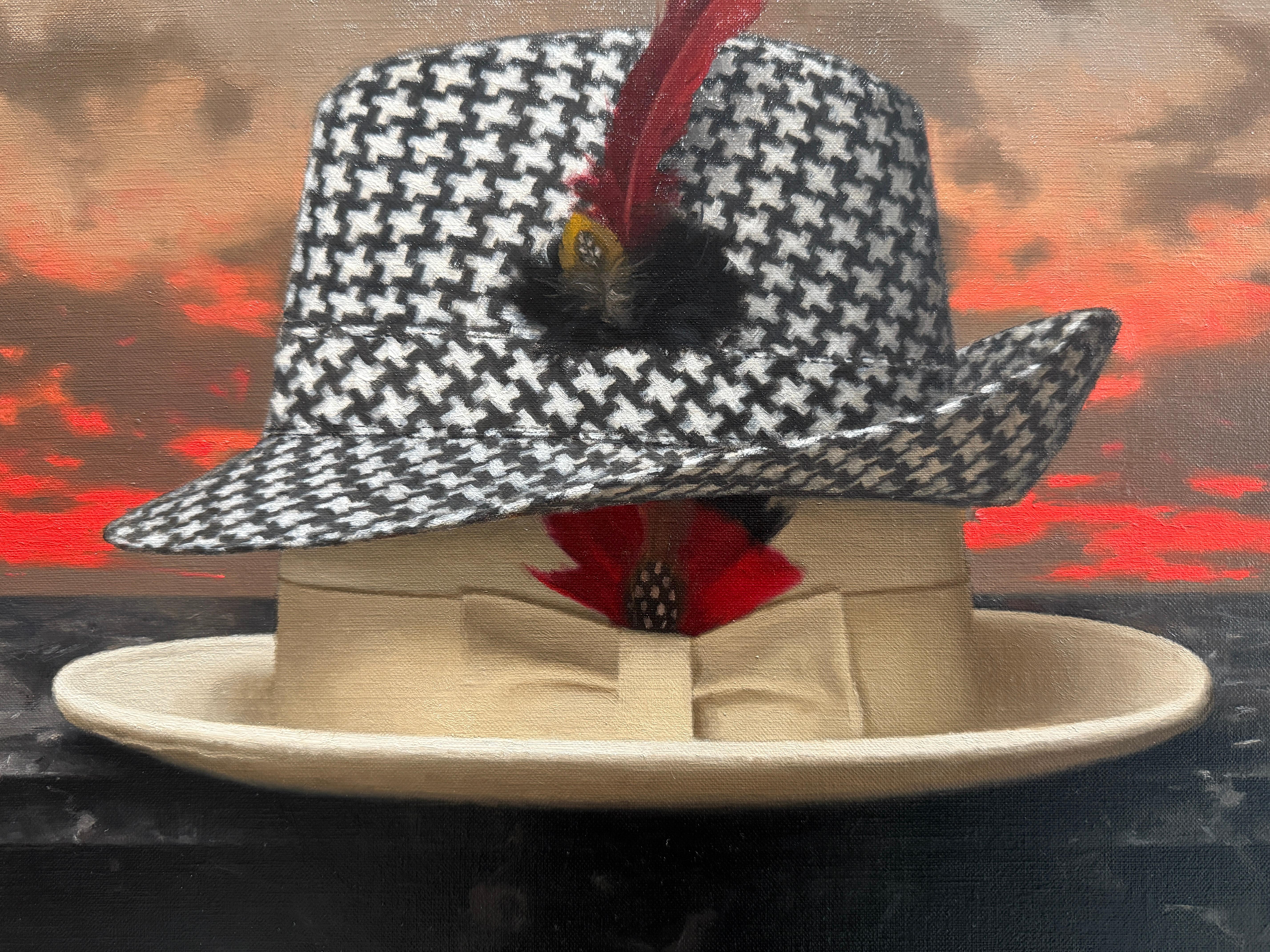 “The Houndstooth Hat” oil painting, poetic realism, two fedora hats with sunset For Sale 1