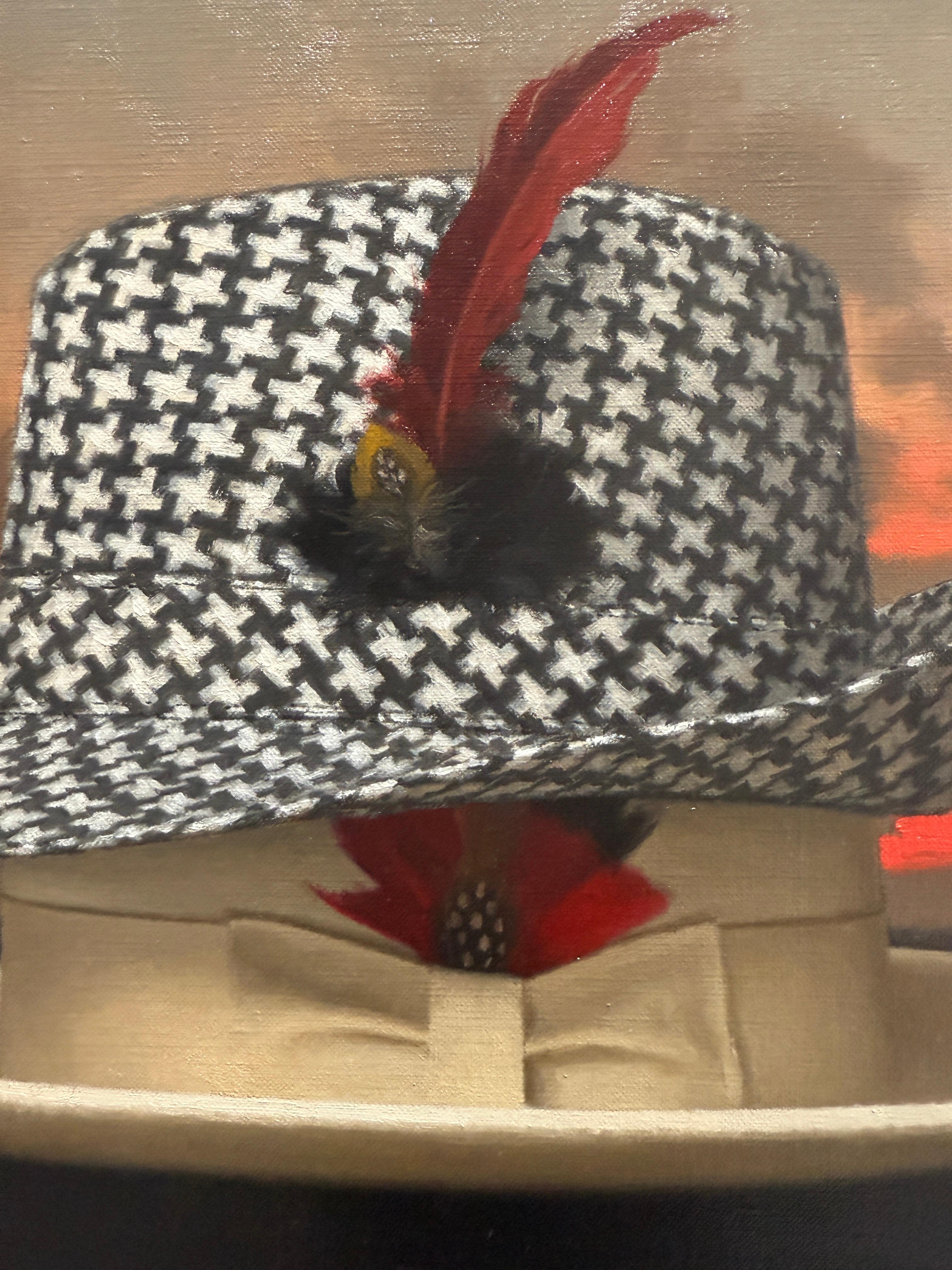 “The Houndstooth Hat” oil painting, poetic realism, two fedora hats with sunset For Sale 2